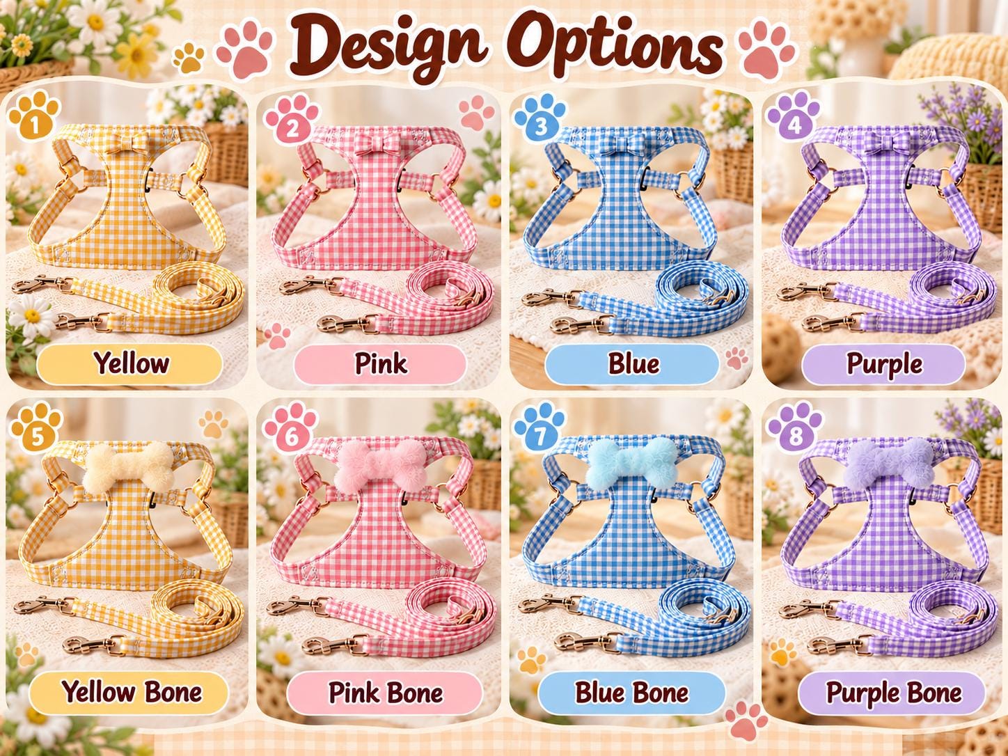 Personalized Dog Harness and Leash Set, Custom Embroidered Name Puppy Harness, Gingham Plaid Pet Vest