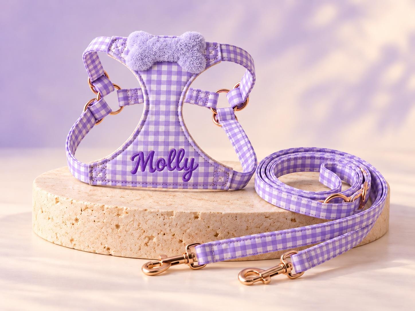 Personalized Dog Harness and Leash Set, Custom Embroidered Name Puppy Harness, Gingham Plaid Pet Vest
