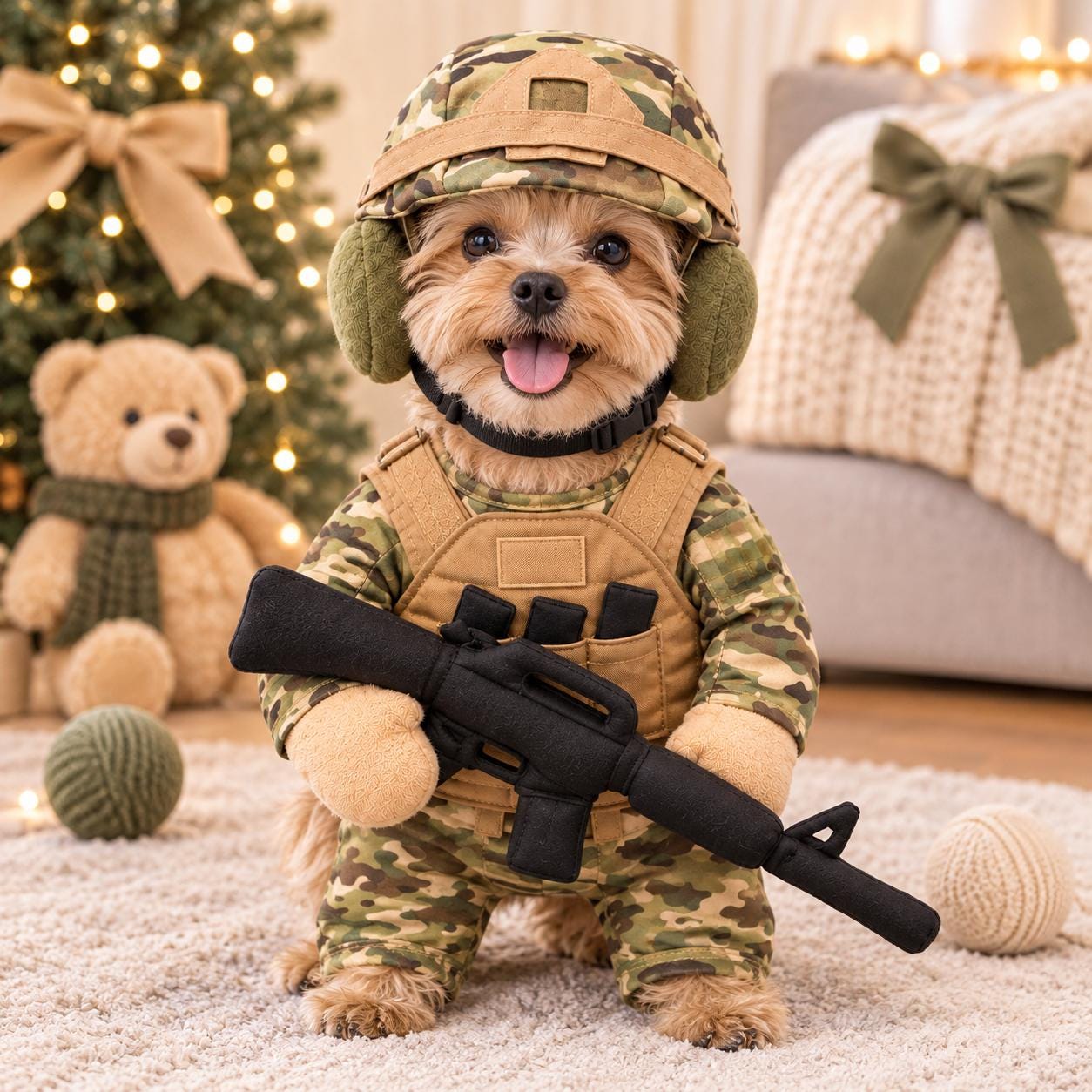 Tactical Pet Costume Set: Camo Bodysuit, Tan Vest, Helmet, Toy Rifle