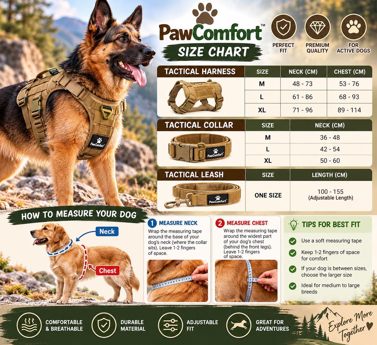 PawComfort™ Tactical Dog Harness Collar and Leash Set, Khaki, M L XL