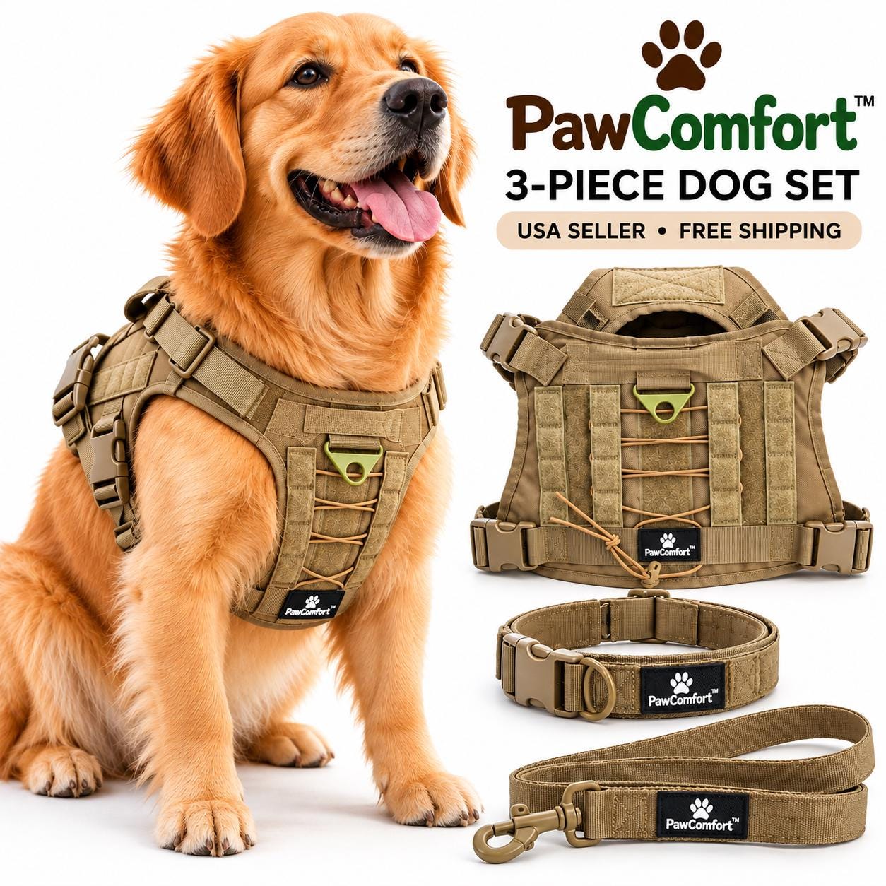 PawComfort™ Tactical Dog Harness Collar and Leash Set, Khaki, M L XL