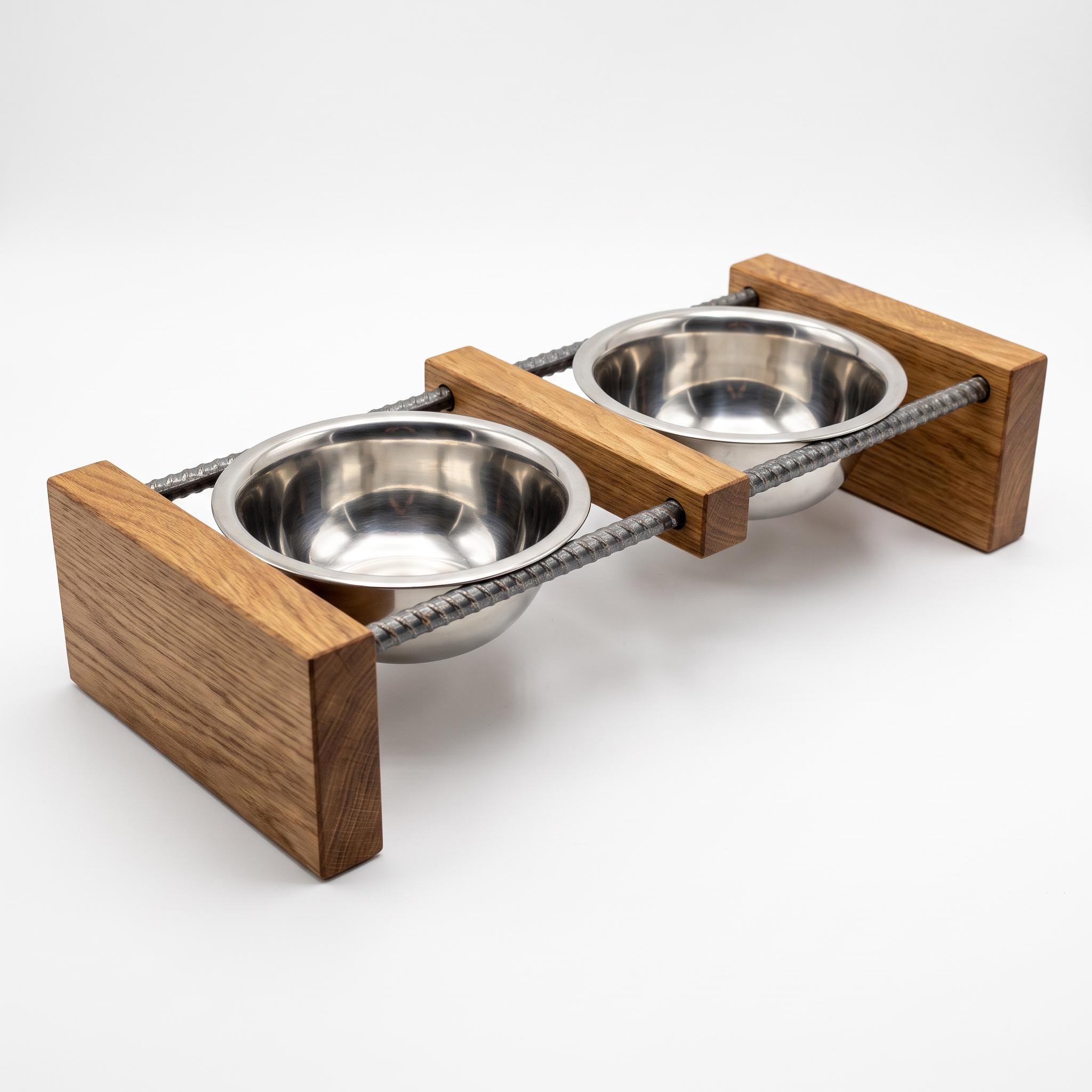 Elevated Dog Bowl Stand, Solid Wood Raised Pet Feeder, Stainless Steel Bowls