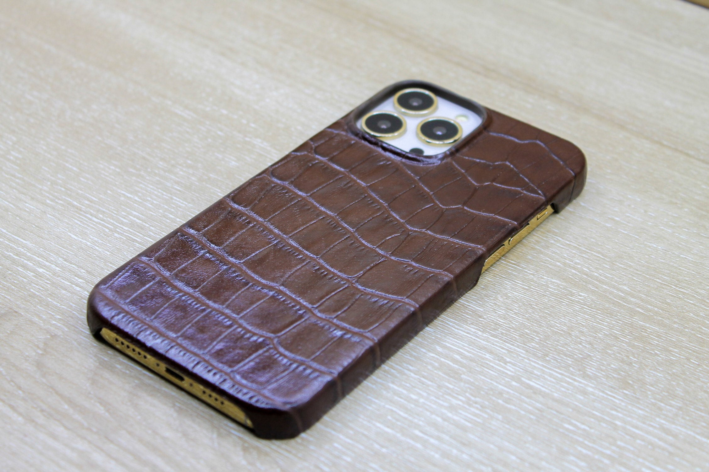 Croco Pattern Brown Leather Phone Cover