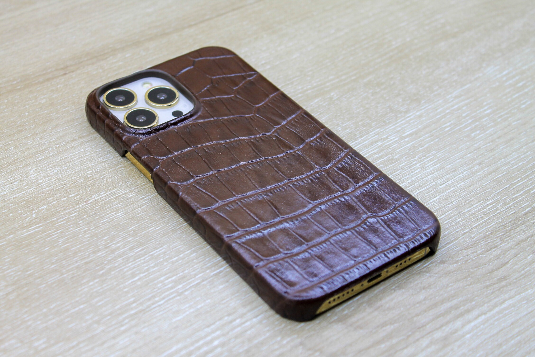 Croco Pattern Brown Leather Phone Cover