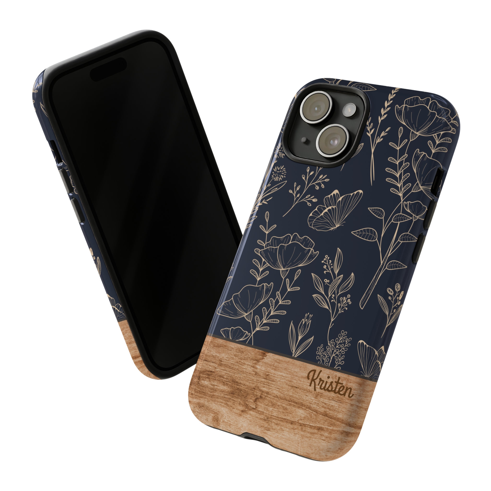 Personalized Phone Case, Floral Pattern, Custom Name, iPhone, Samsung Galaxy, Google Pixel, Wood Grain, Dark Blue
