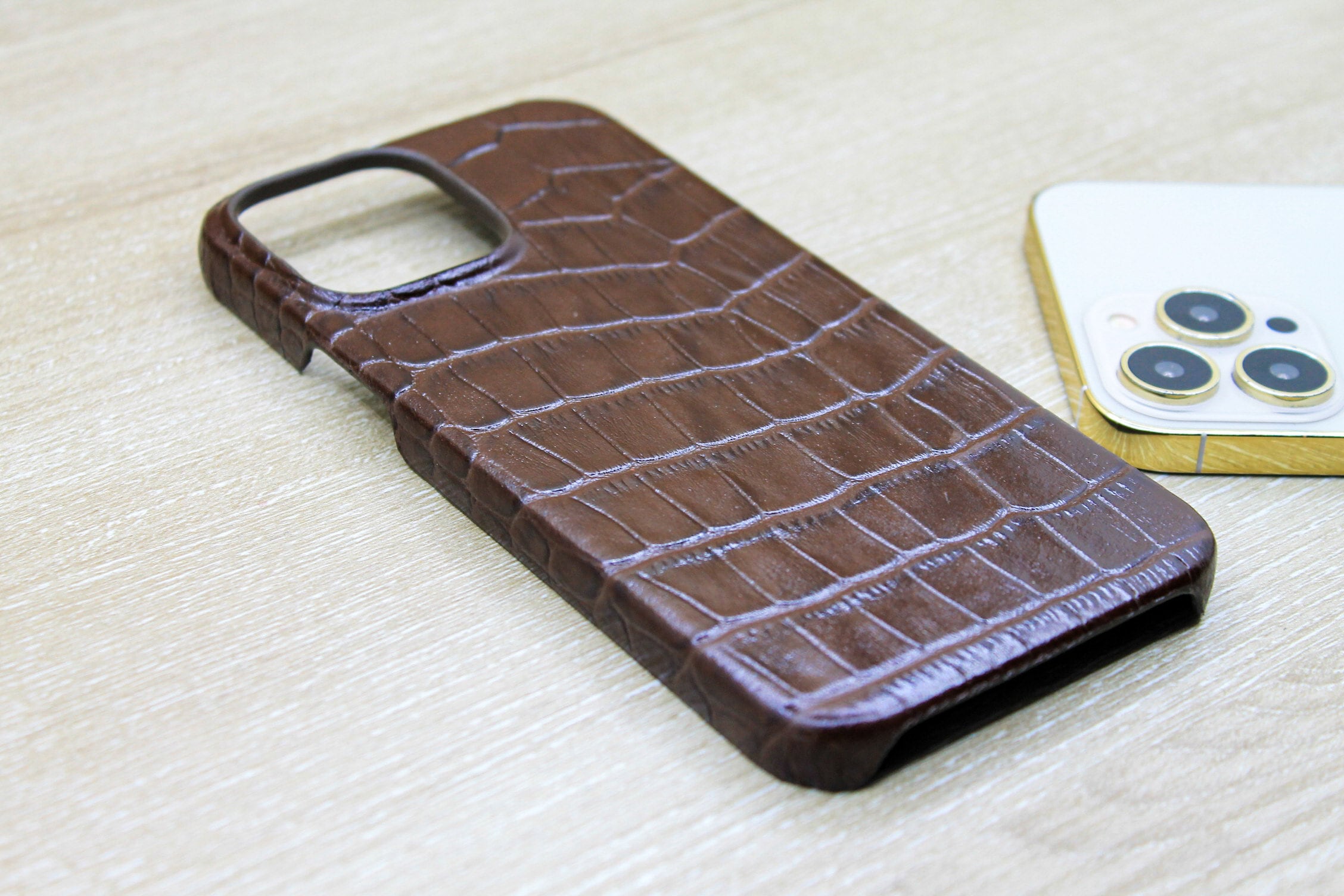 Croco Pattern Brown Leather Phone Cover