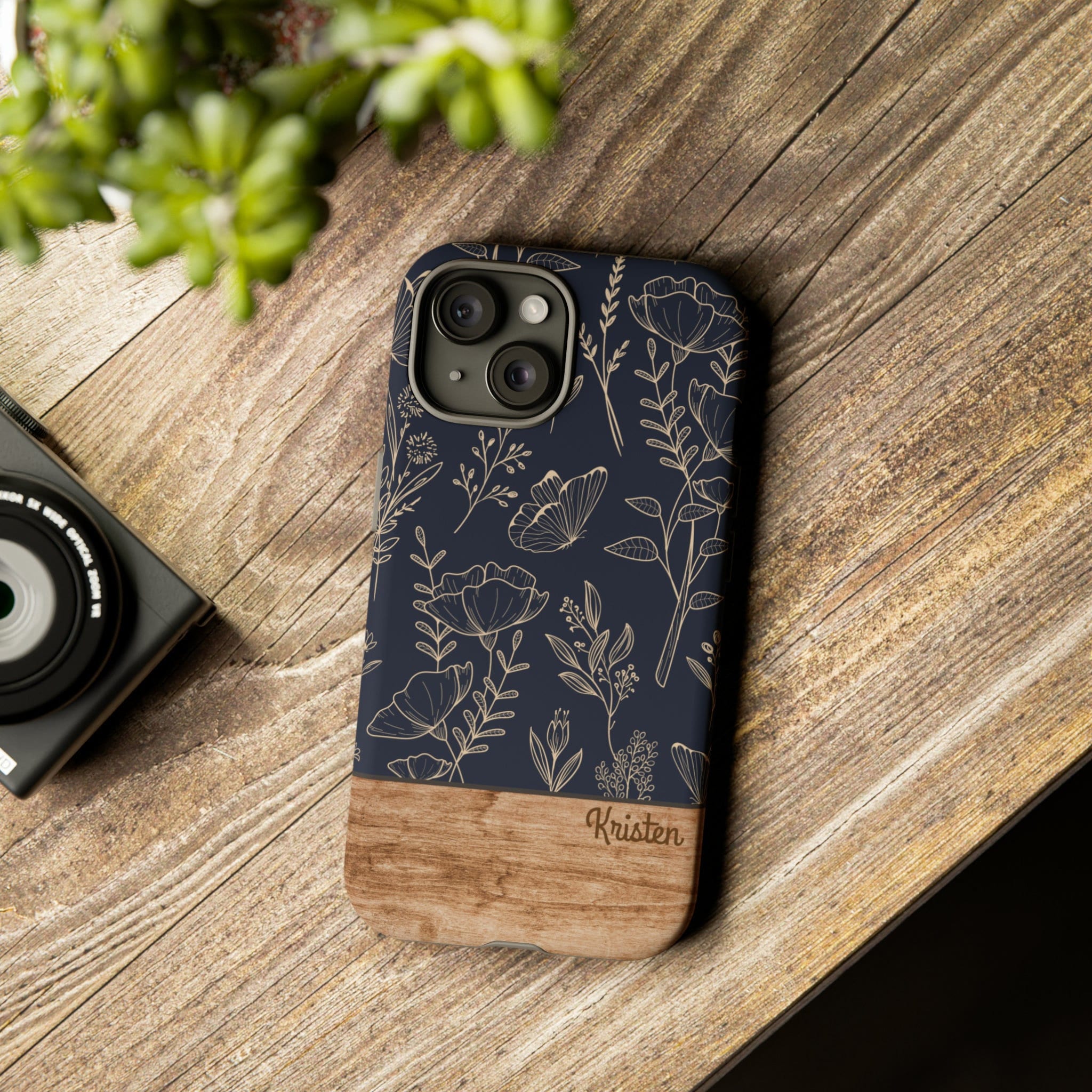 Personalized Phone Case, Floral Pattern, Custom Name, iPhone, Samsung Galaxy, Google Pixel, Wood Grain, Dark Blue