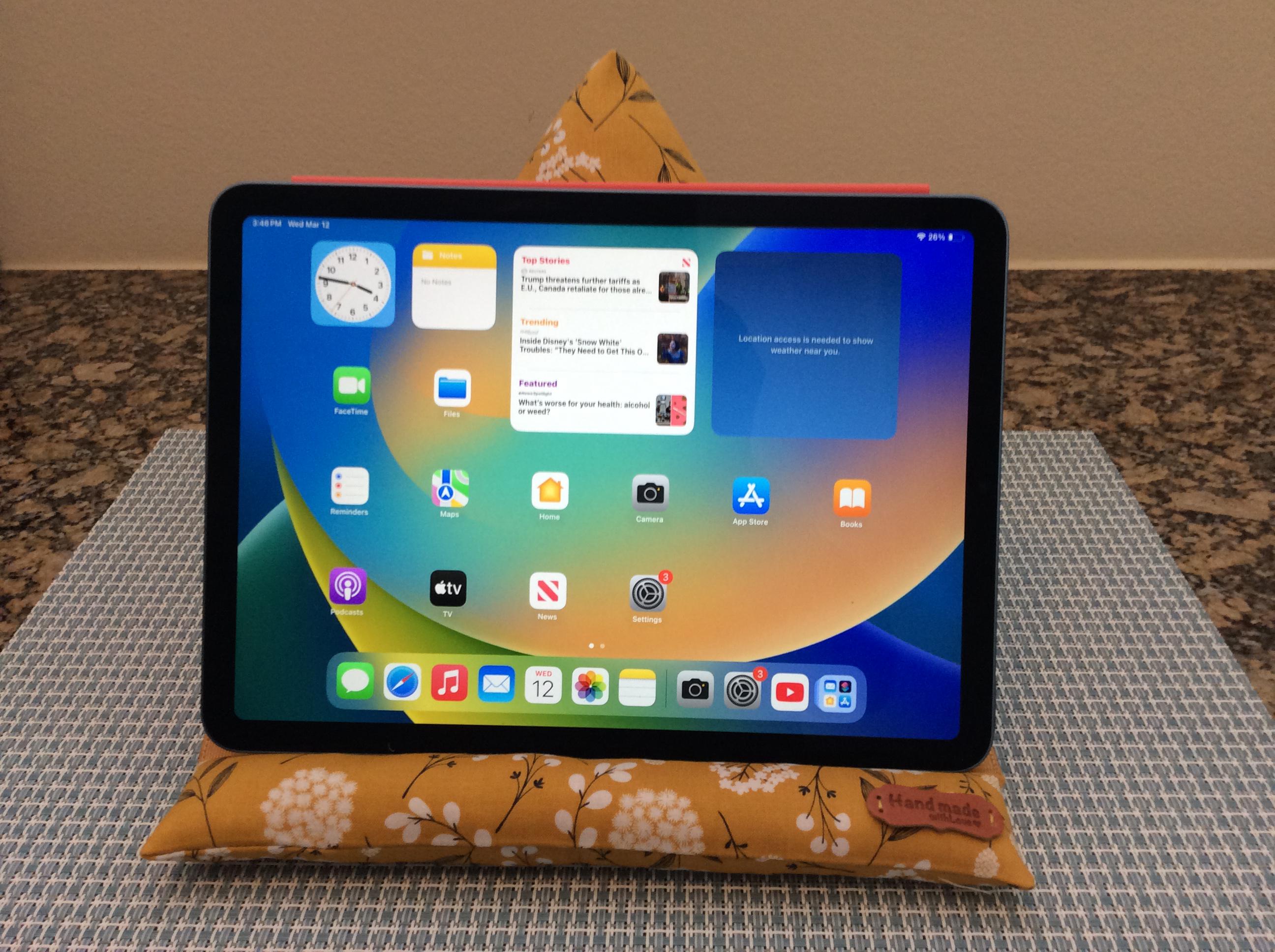 Mustard Yellow with White Flowers Bead Bag Cushion iPad Phone Stand