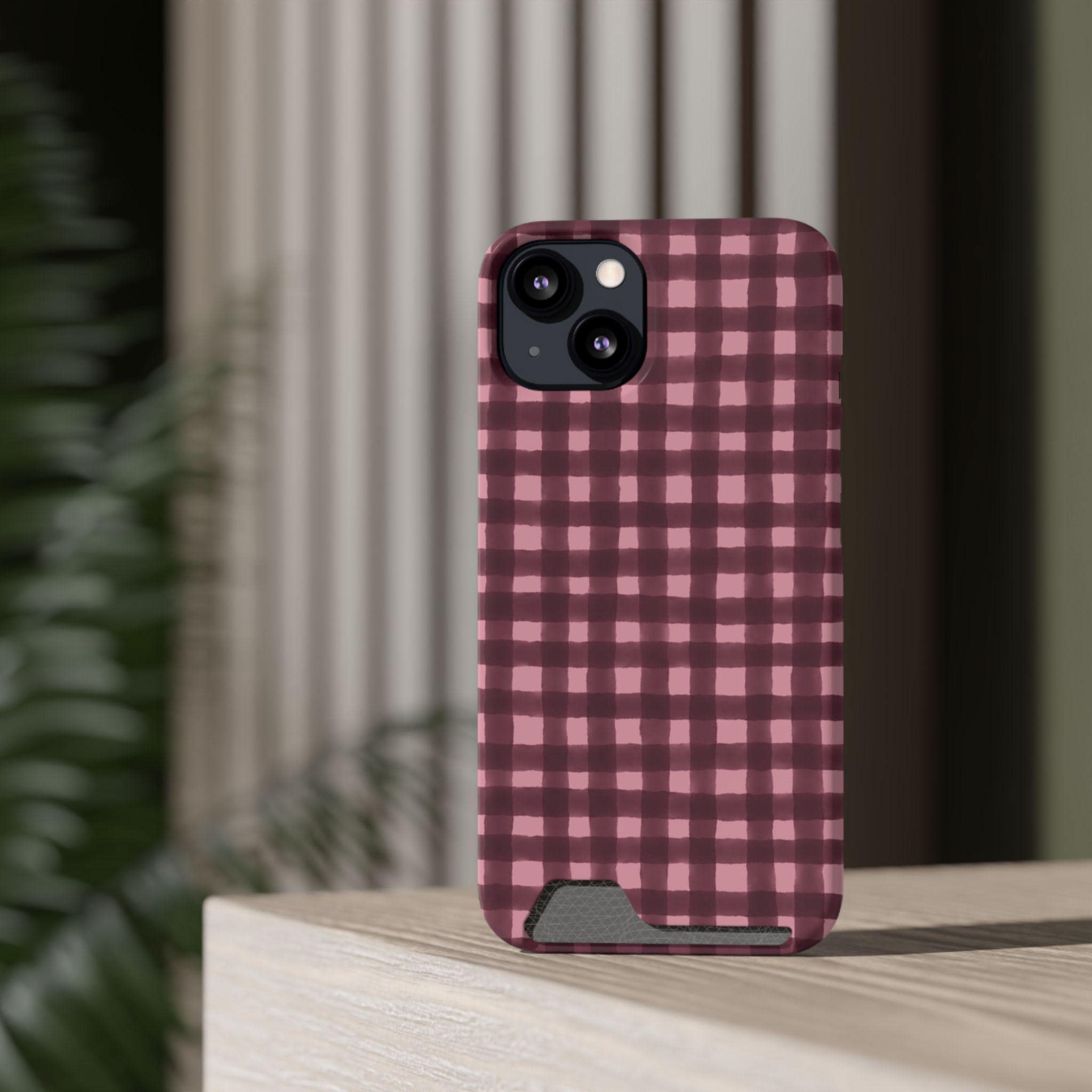Pink Plum Gingham Phone Case with Card Holder | Plaid Wallet Case