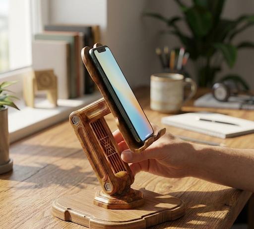 Adjustable Phone Stand, ABS Plastic Wood-Grain, Bamboo Base Desk Holder