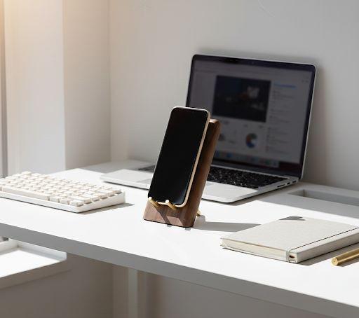 Walnut Wood Phone Stand, Minimal Brass Desk Organizer