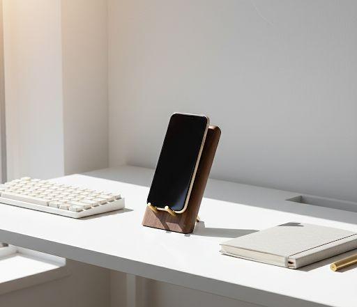 Walnut Wood Phone Stand, Minimal Brass Desk Organizer