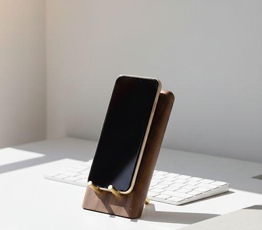 Walnut Wood Phone Stand, Minimal Brass Desk Organizer