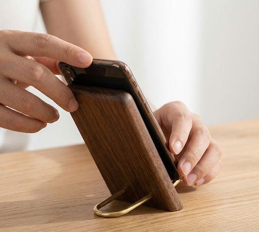 Walnut Wood Phone Stand, Minimal Brass Desk Organizer