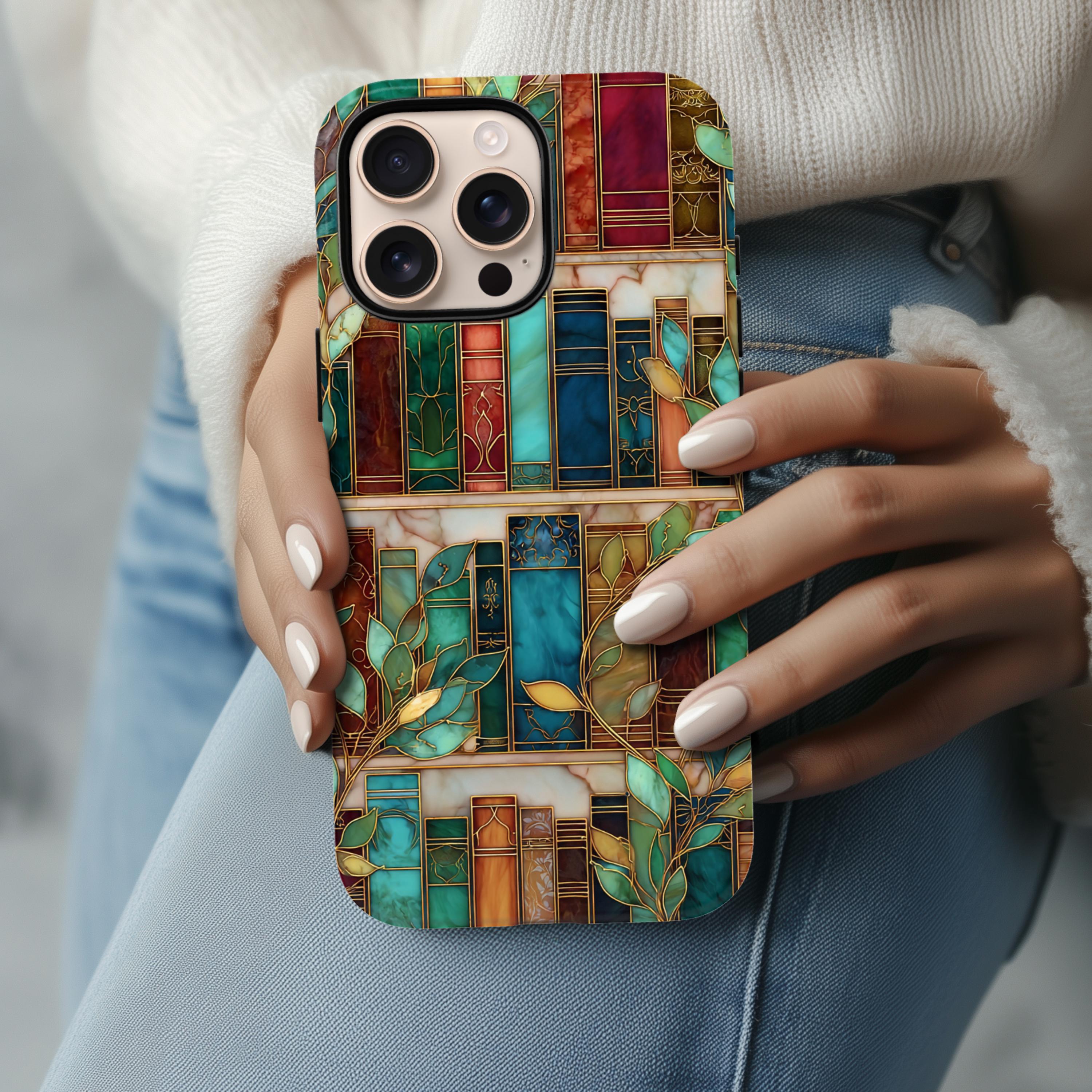 Stained Glass Bookish MagSafe Phone Case Floral Bookshelf Reading Theme