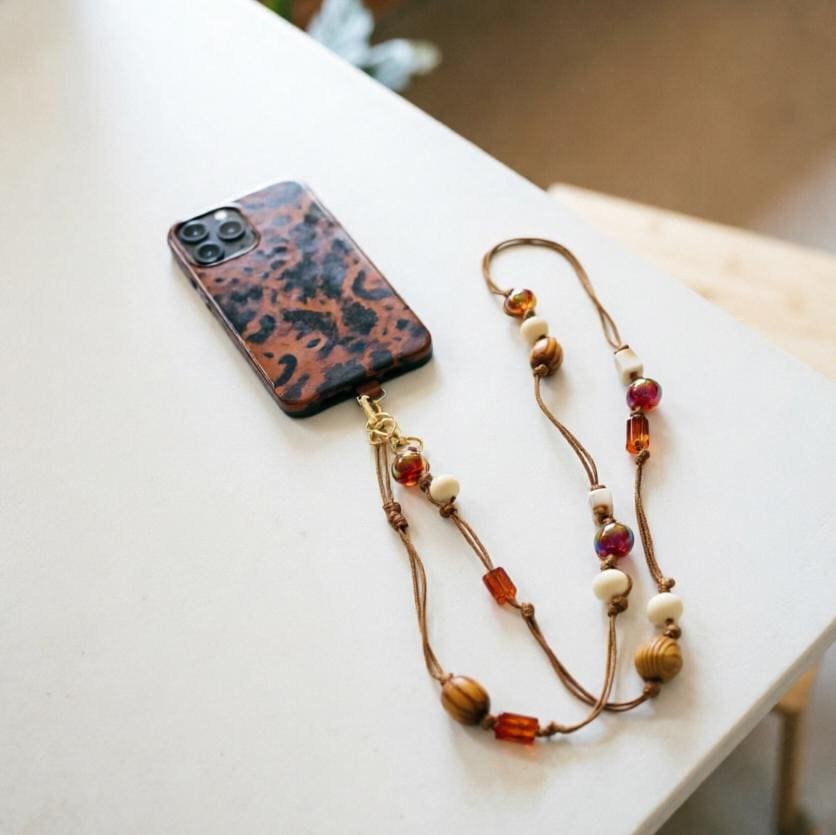 Handmade Beaded Phone Strap, Brown Crossbody Phone Lanyard, Neutral Phone Charm, Braided Phone Chain