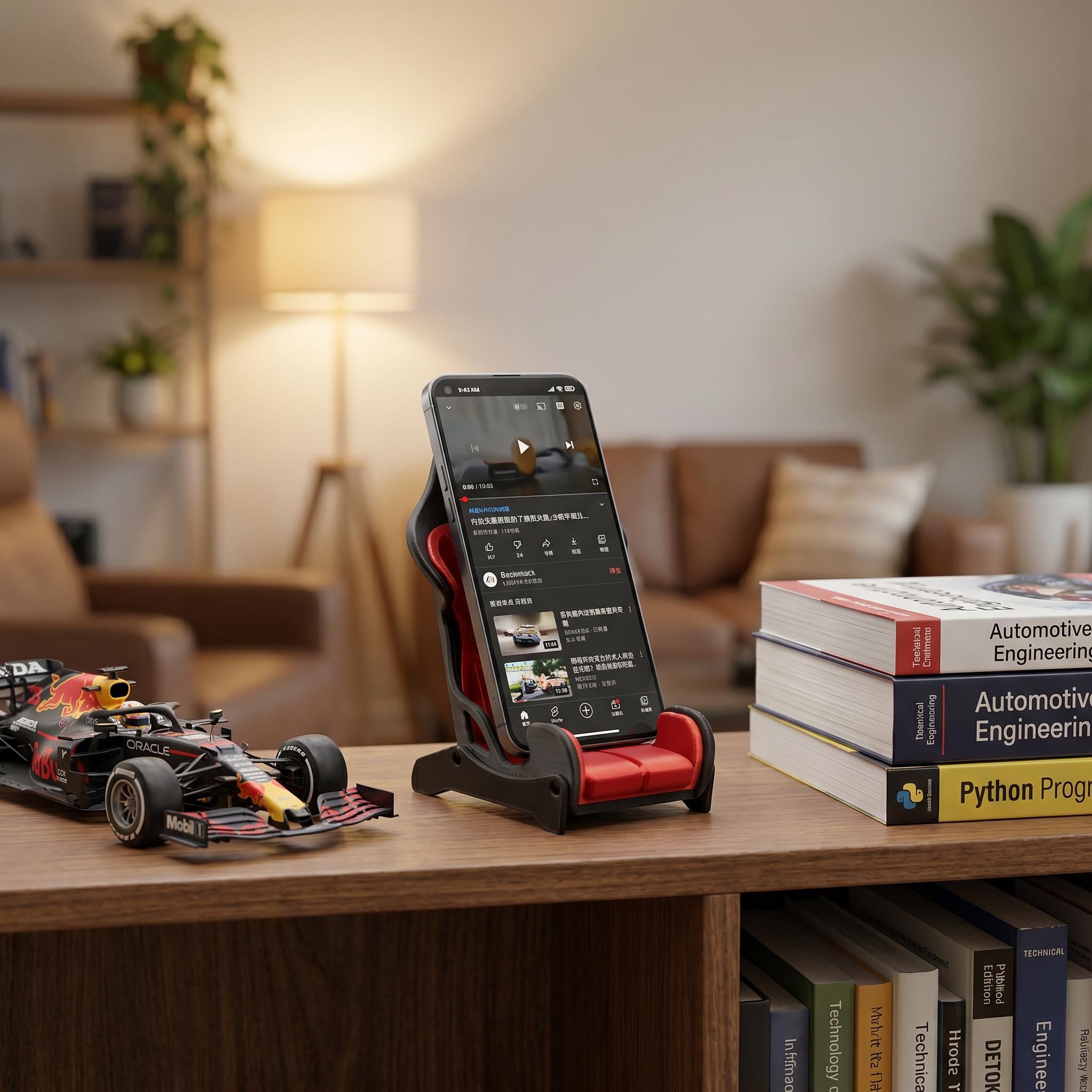Racing Seat Phone Stand - F1 Inspired Desk Holder, Automotive Themed Decor