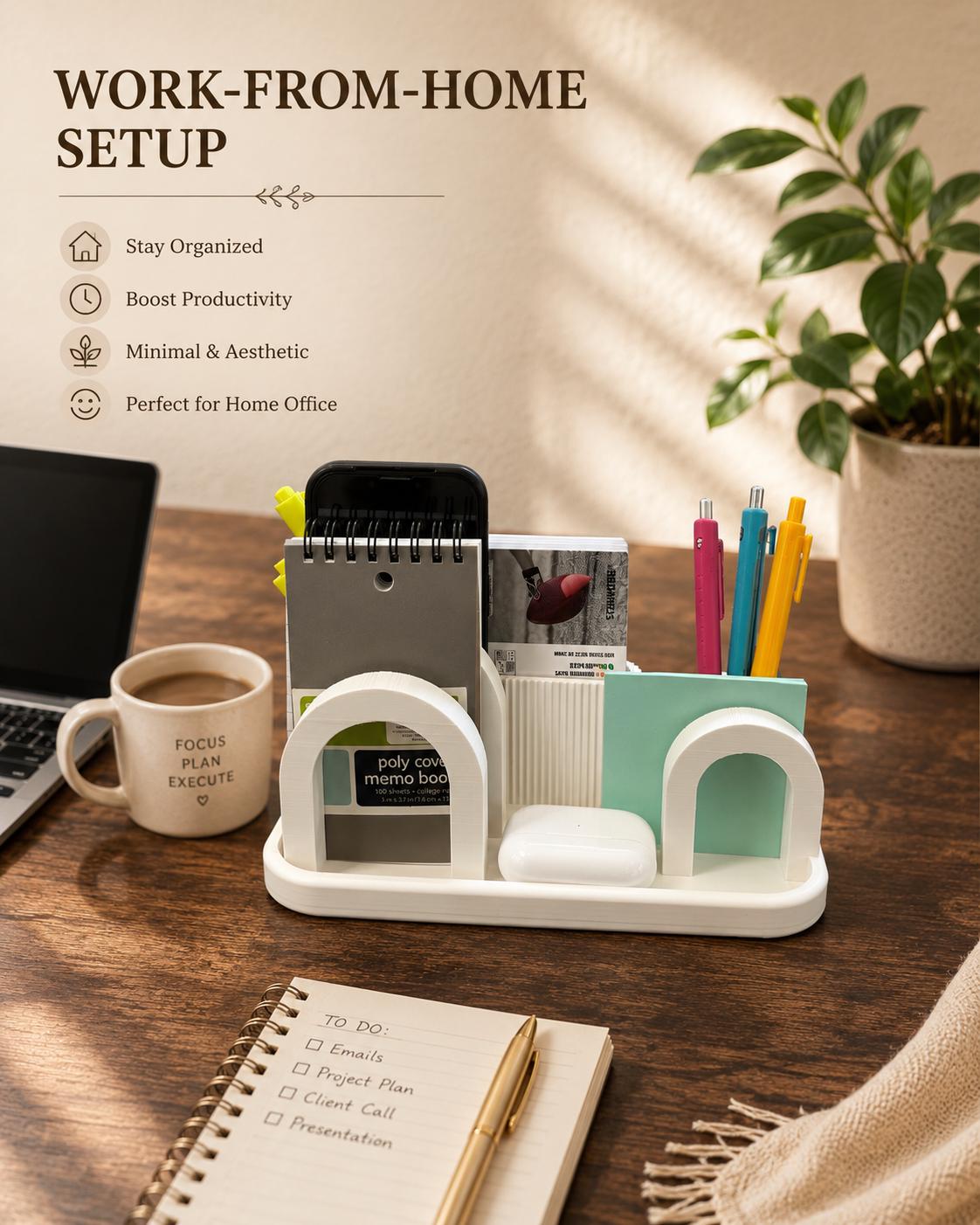 Arch Desk Organizer with Pen Cup, Ribbed Caddy, and Phone Stand