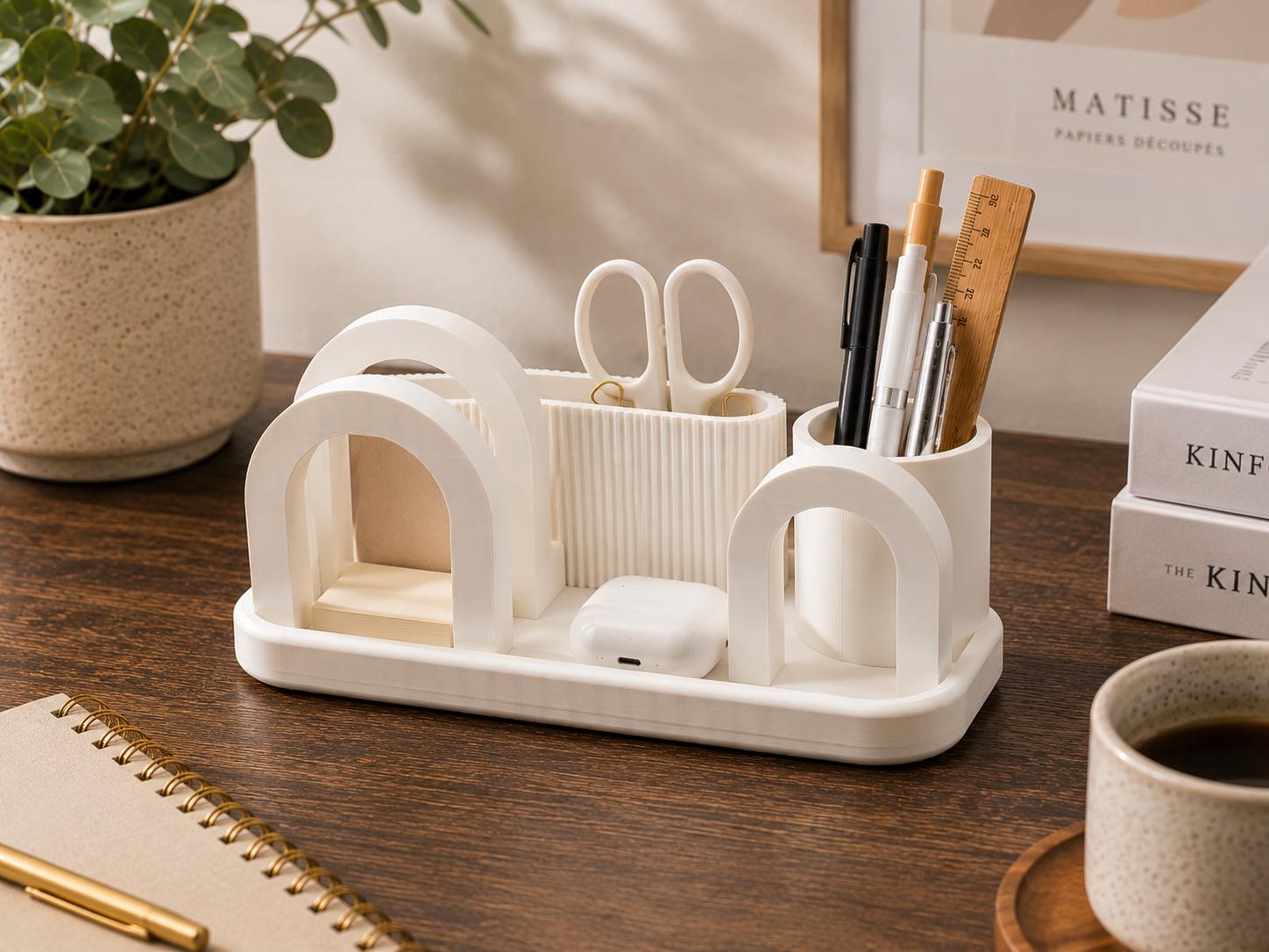 Arch Desk Organizer with Pen Cup, Ribbed Caddy, and Phone Stand