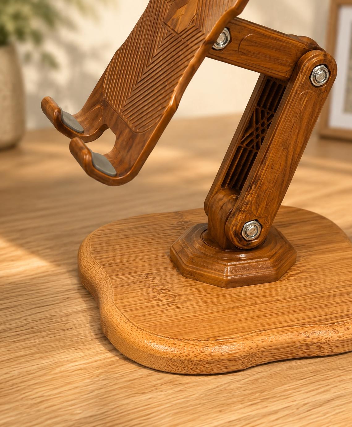 Adjustable Phone Stand, ABS Plastic Wood-Grain, Bamboo Base Desk Holder