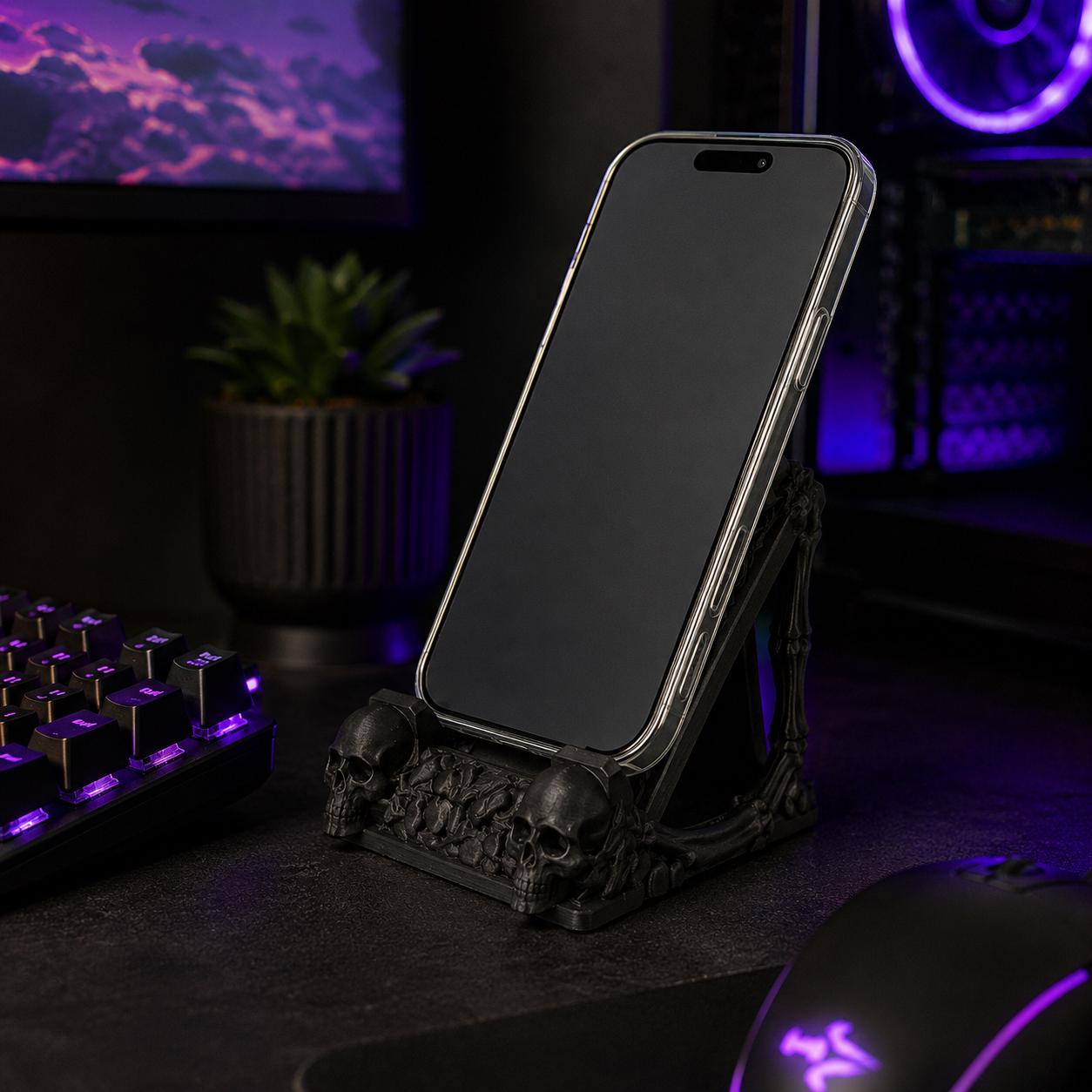 3D Printed Skull Phone Stand, Gothic Skeleton Desk Decor