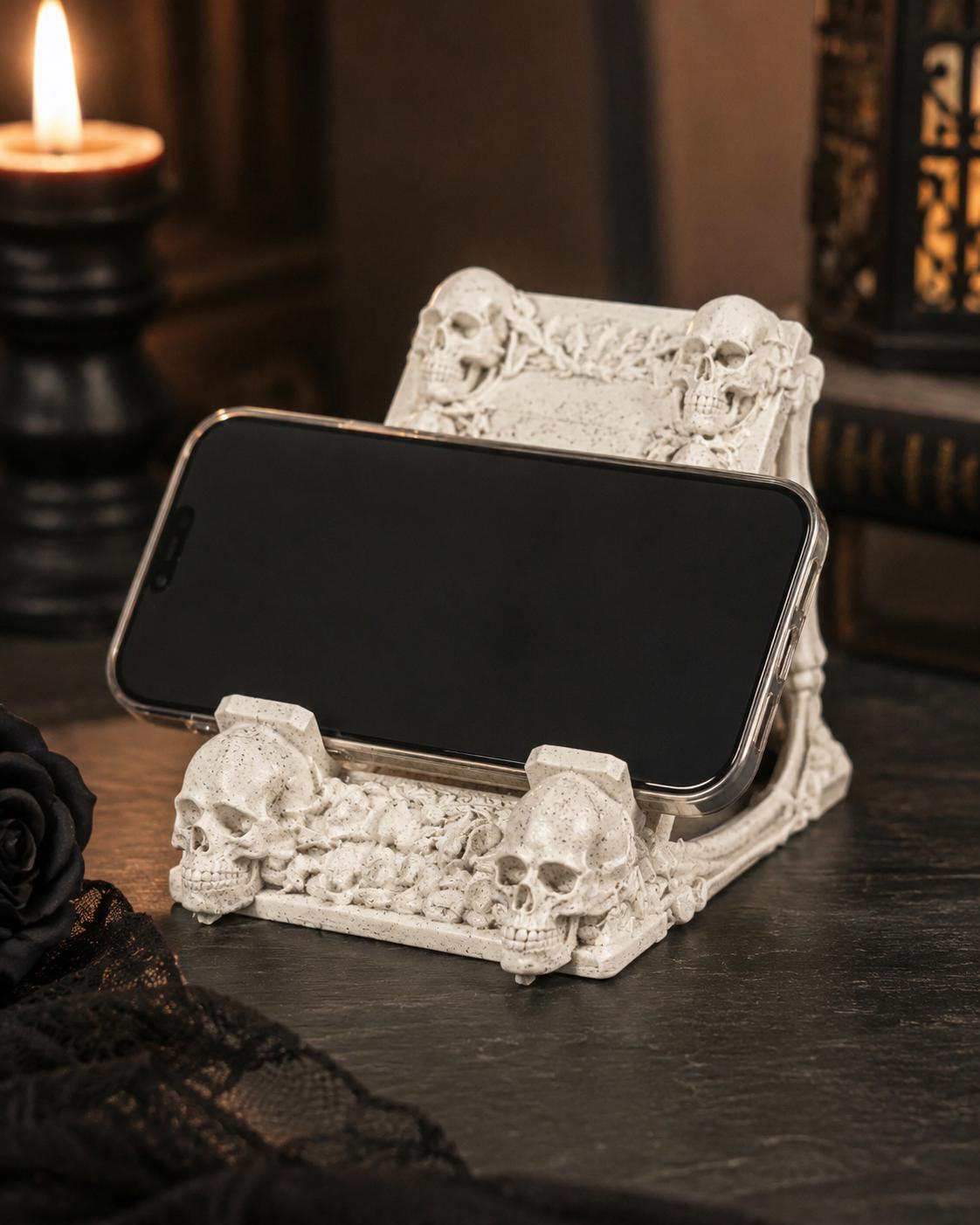 3D Printed Skull Phone Stand, Gothic Skeleton Desk Decor