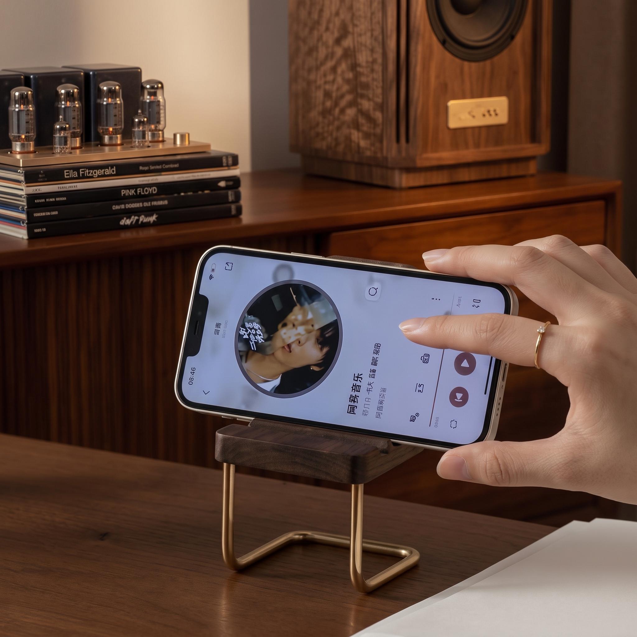 Wooden Walnut Chair Phone Holder with Brass Accent