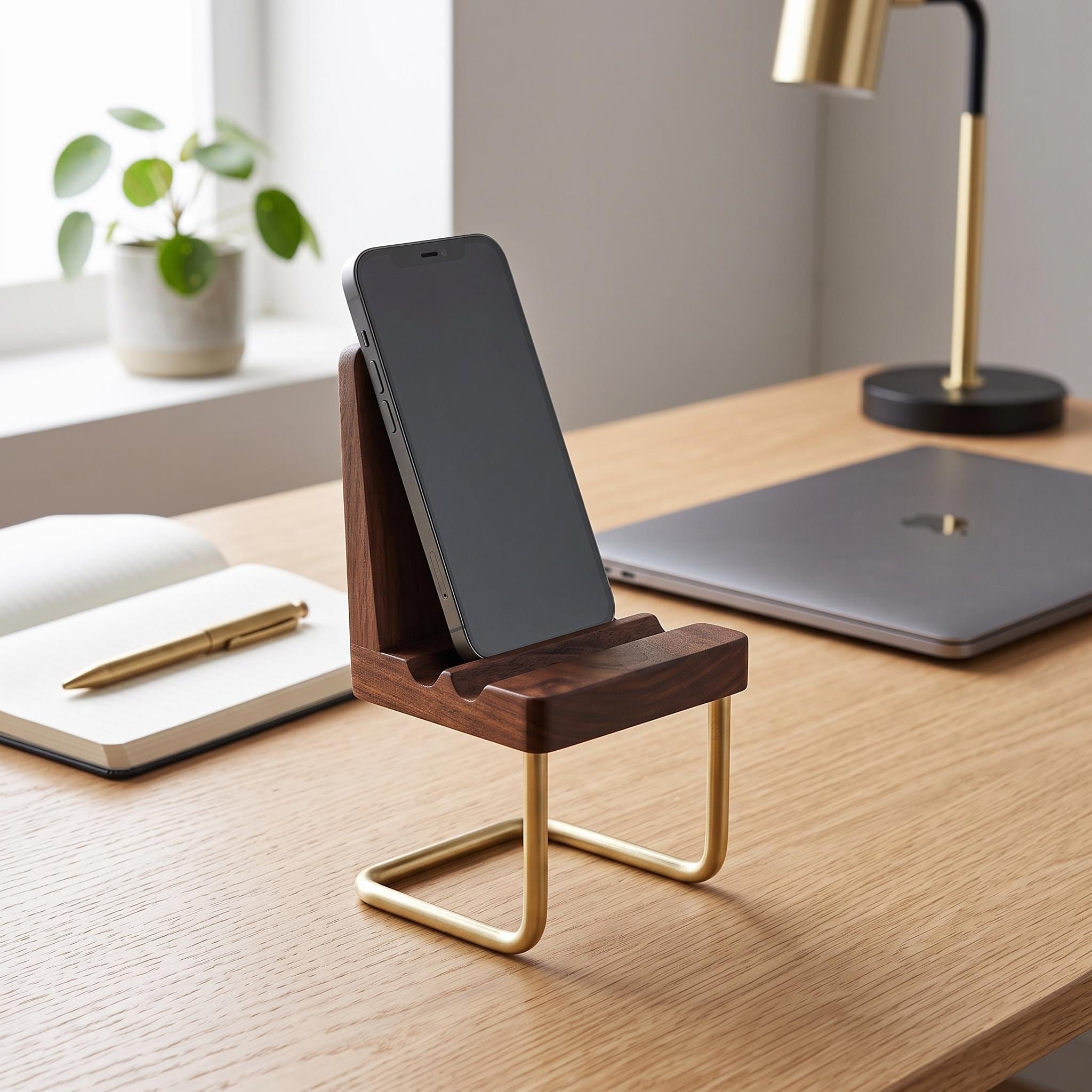 Wooden Walnut Chair Phone Holder with Brass Accent