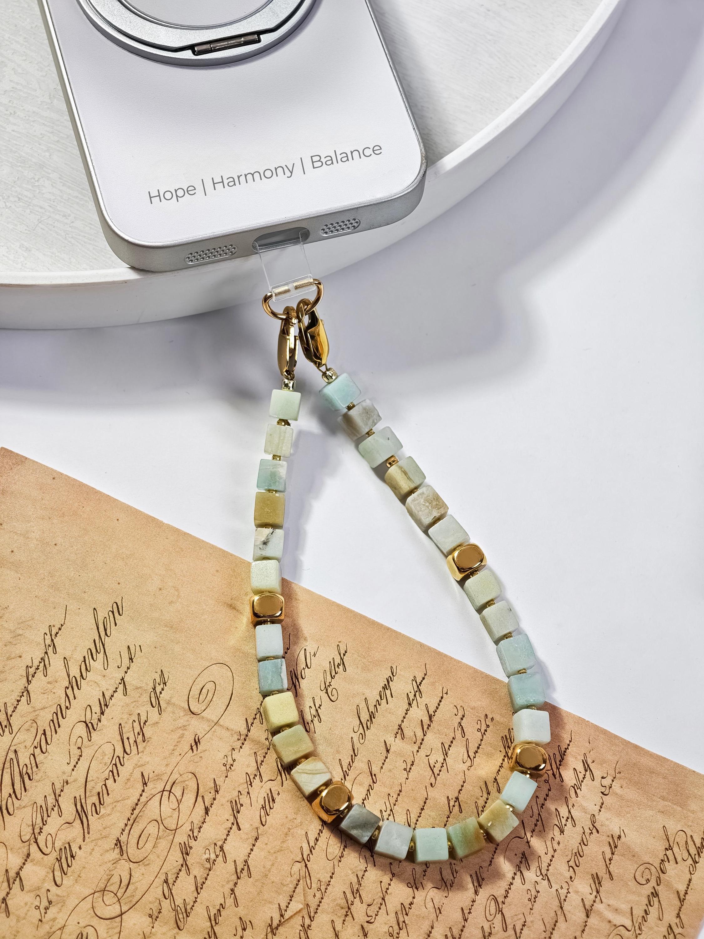 Genuine Amazonite Phone Wristlet, Cube Gemstone Strap, Natural Mint Green Crystal Phone Charm, Drop-Proof Lanyard Charm