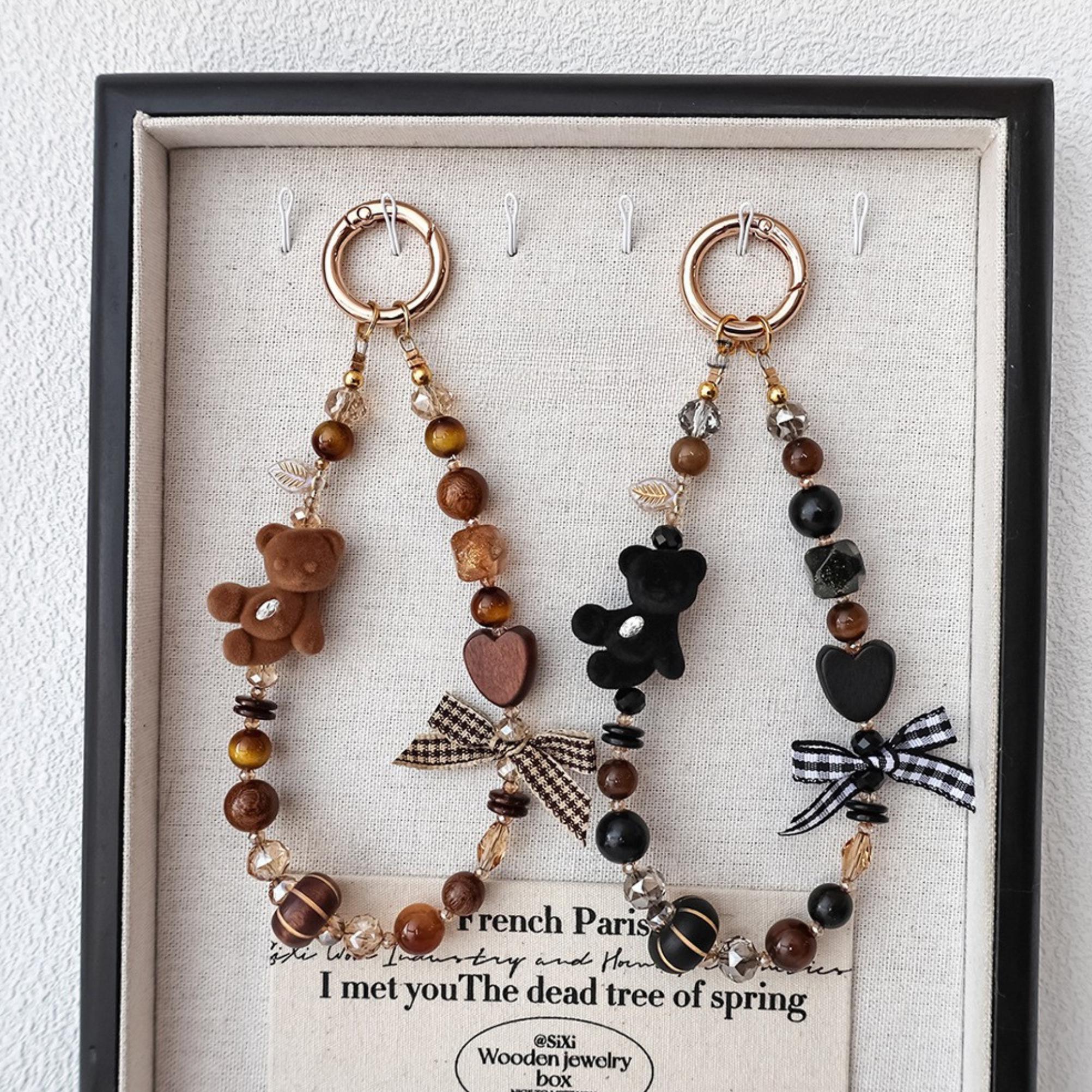 Fluffy Bear Phone Charm, Beaded Phone Strap, Brown Black Bag Charm, Wooden Bead Keychain, Bear Purse Charm
