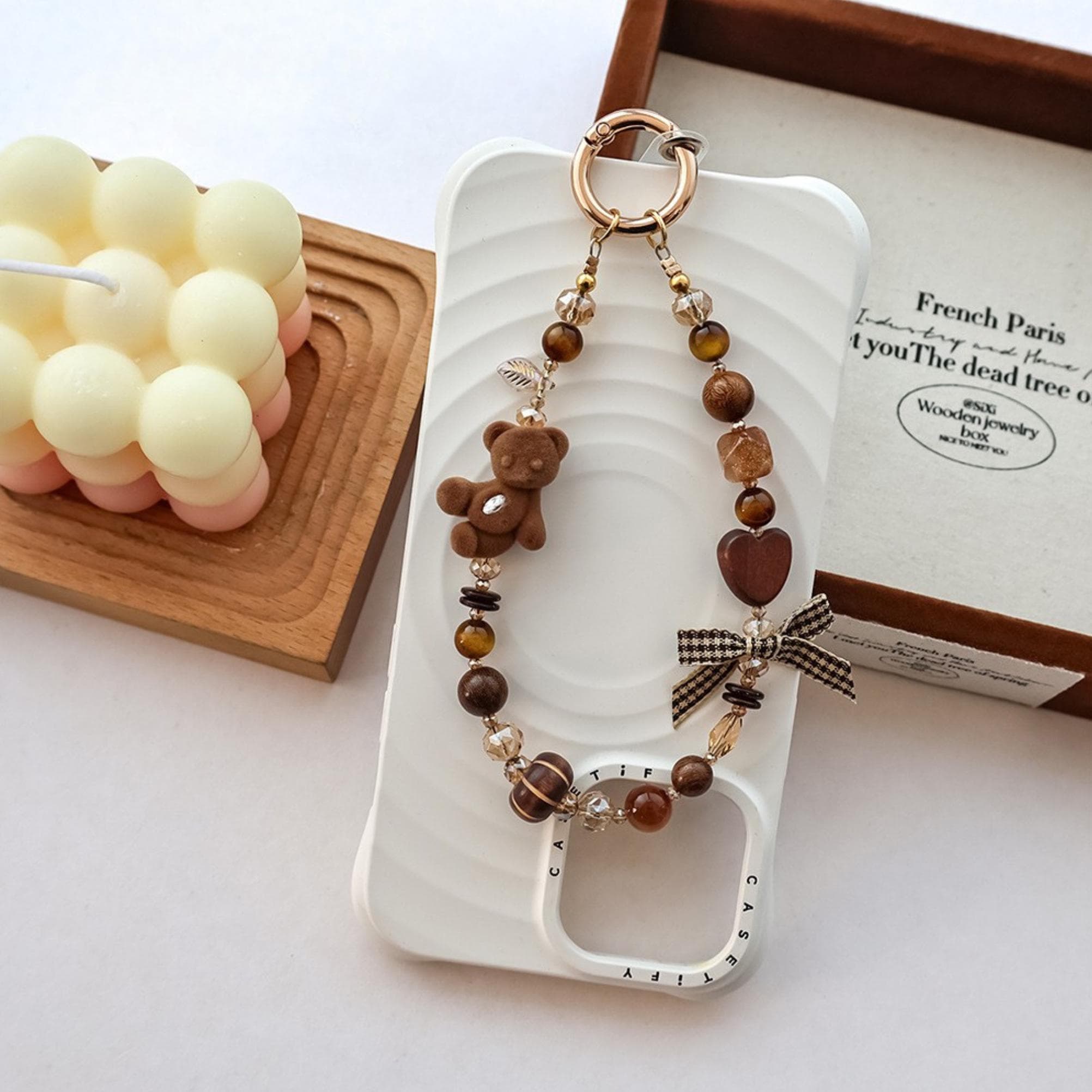Fluffy Bear Phone Charm, Beaded Phone Strap, Brown Black Bag Charm, Wooden Bead Keychain, Bear Purse Charm