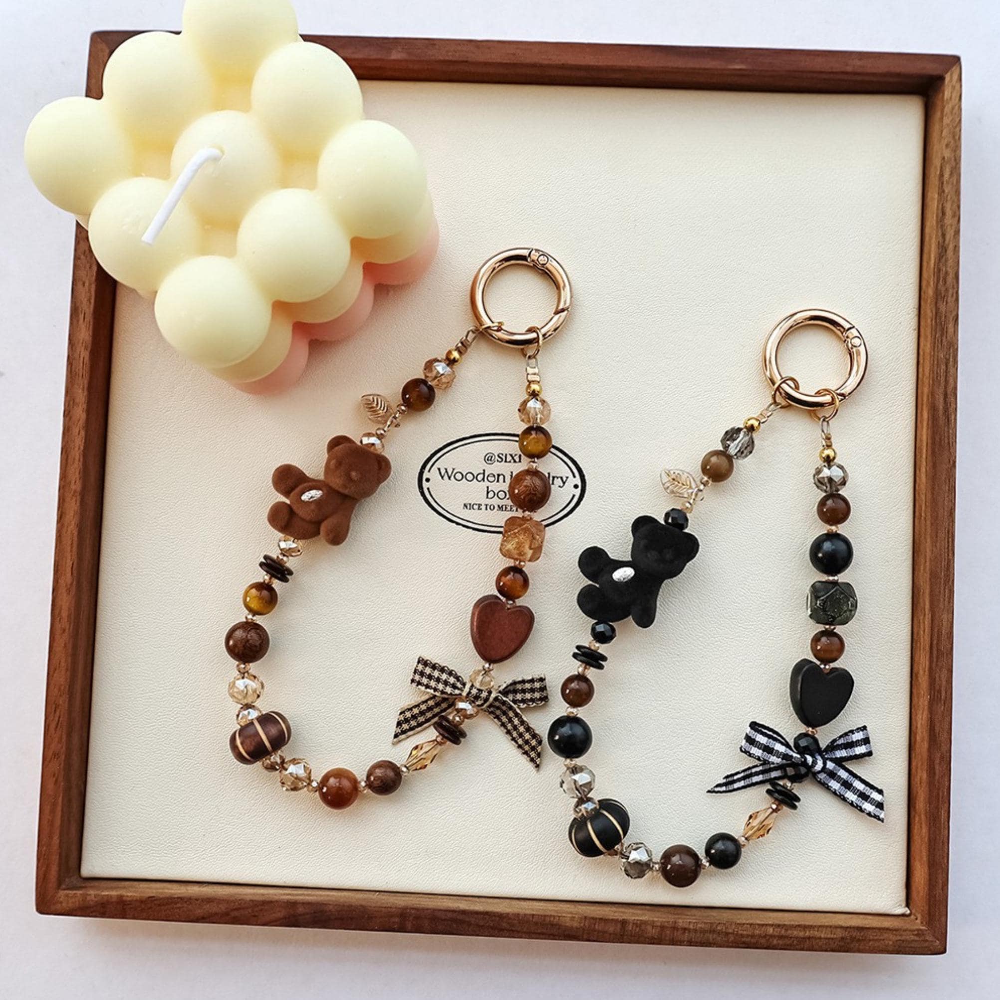 Fluffy Bear Phone Charm, Beaded Phone Strap, Brown Black Bag Charm, Wooden Bead Keychain, Bear Purse Charm