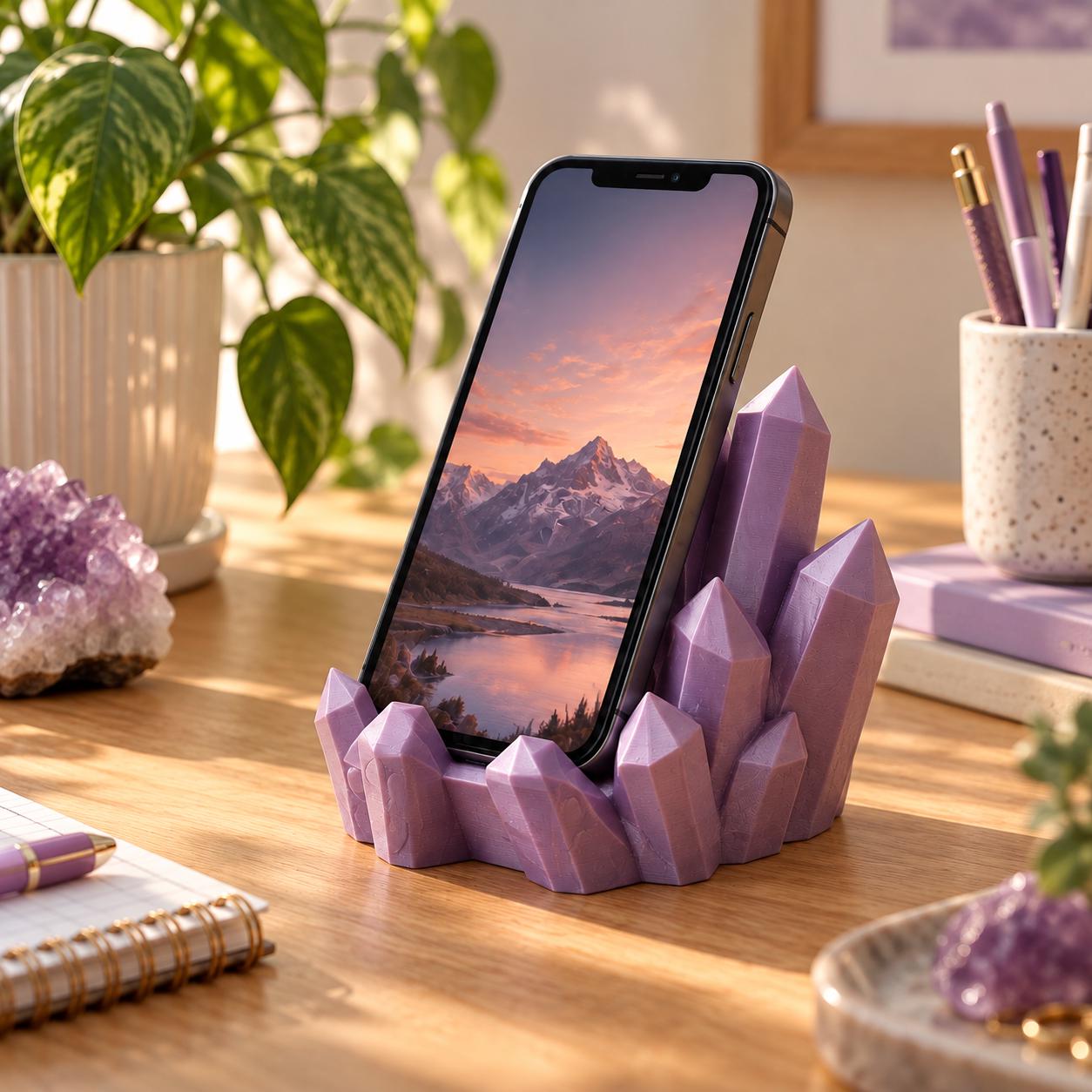 Crystal Spire Phone Stand, 3D Printed Desk Organizer, Ergonomic Smartphone Holder Gift