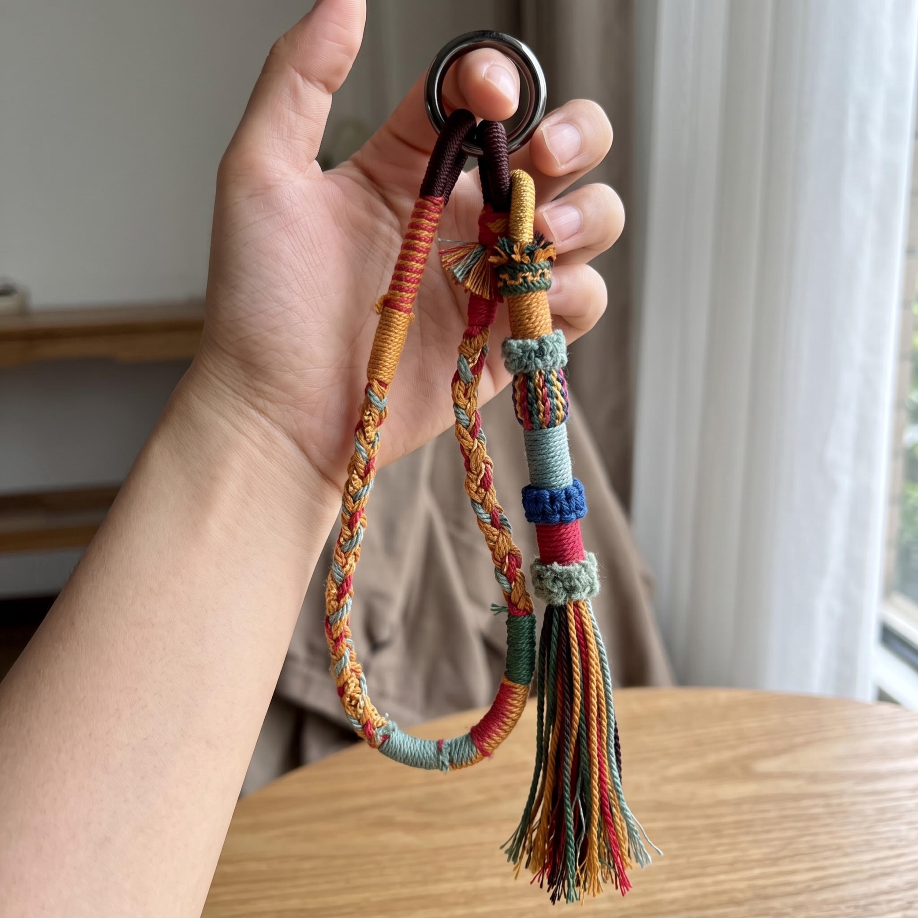 Hand-Braided Colorful Wrist Lanyard with Tassel and Metal Clip