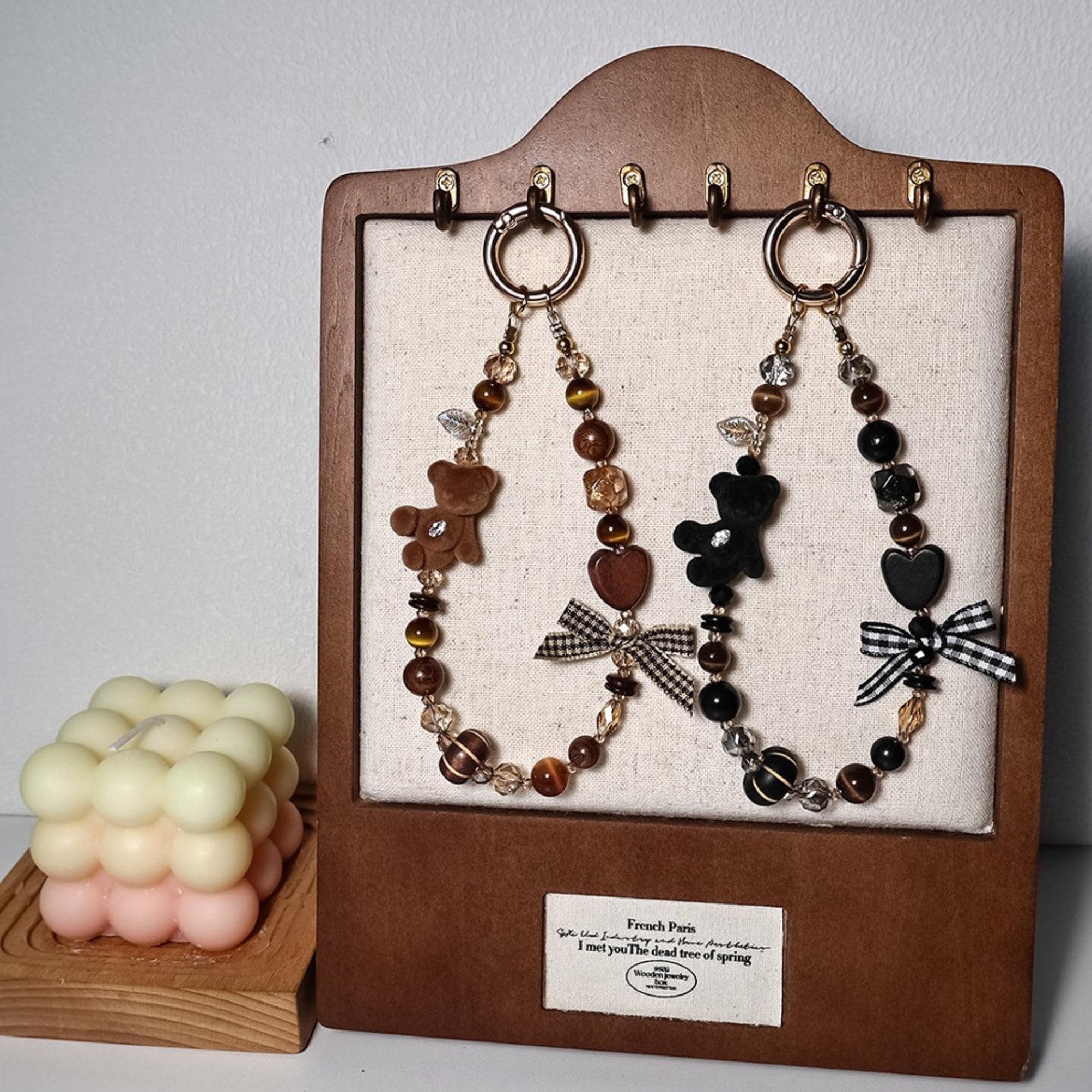 Fluffy Bear Phone Charm, Beaded Phone Strap, Brown Black Bag Charm, Wooden Bead Keychain, Bear Purse Charm