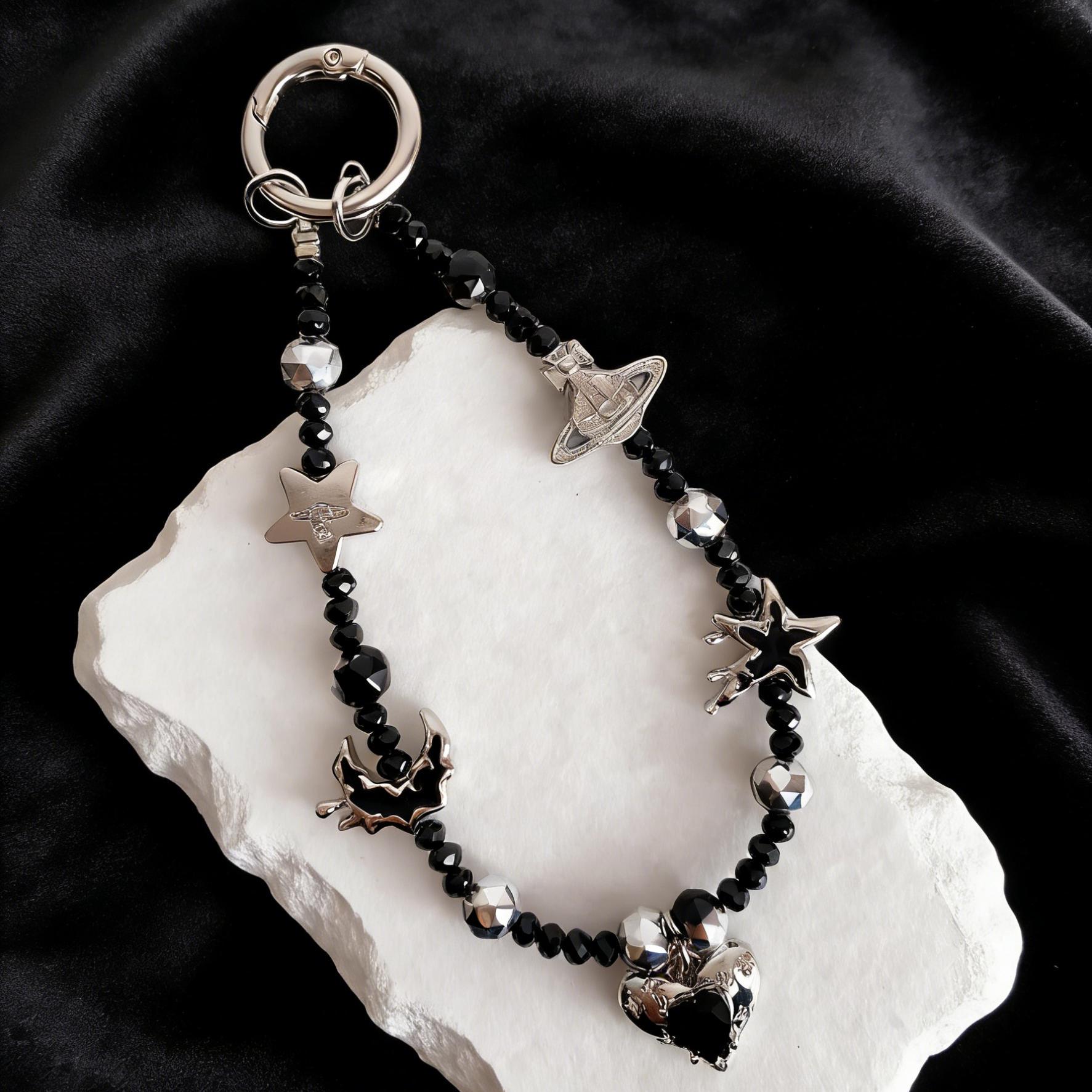 Gothic Punk Phone Charm, Black Beaded Phone Strap with Silver Star Heart Charms, Grunge Y2K Cell Phone Wristlet, Alt Phone Accessory
