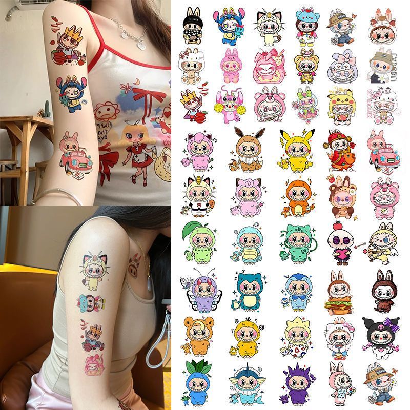 Labubu 漫畫彩色紋身貼紙、高顏值潮流、個性化、防水、持久、逼真花朵手臂貼紙