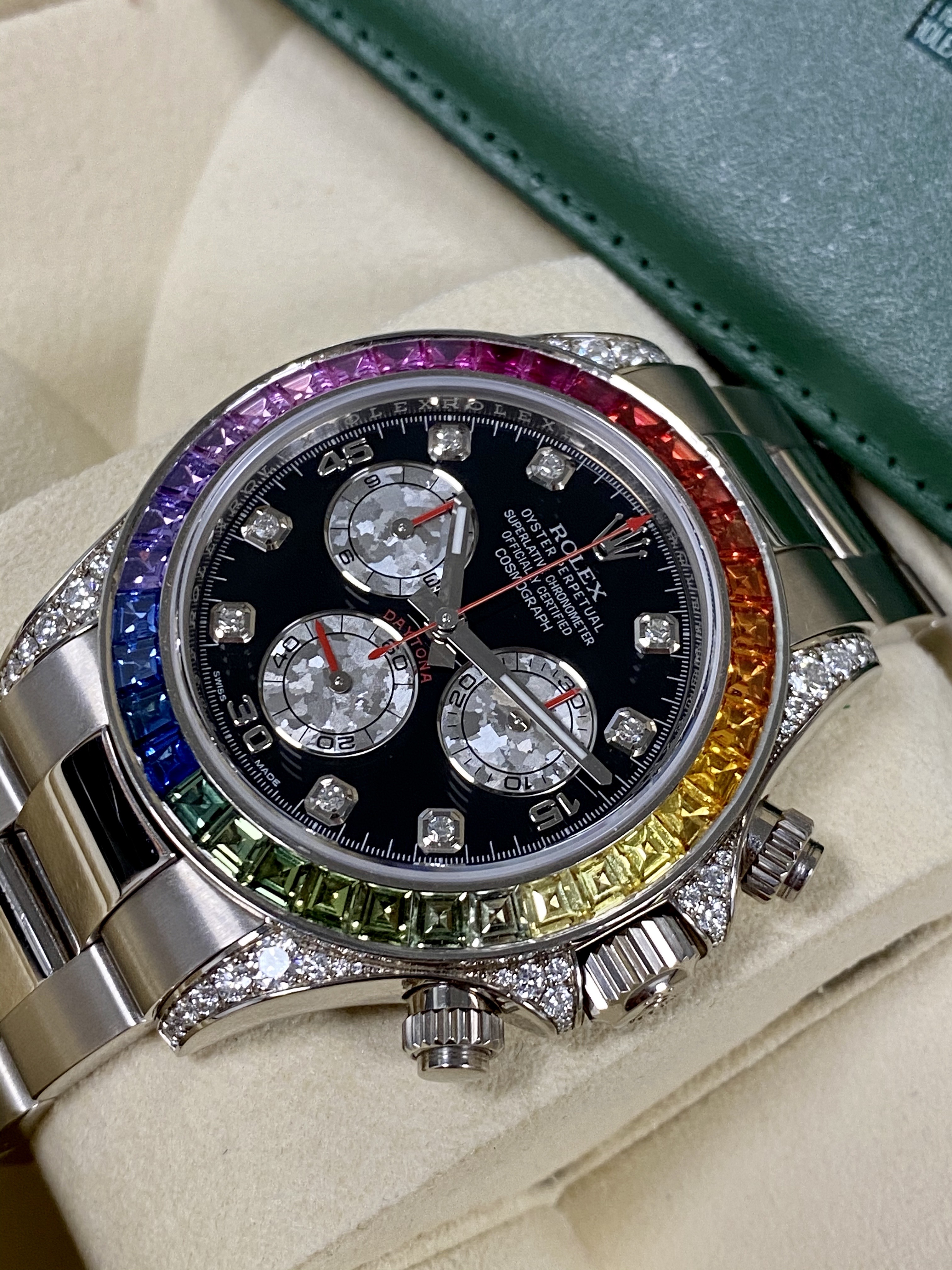 Rolex Daytona Cosmograph Weißgold Regenbogen-Diamanten-Uhr 40 mm 116599RBOW mit Box und Zertifikat