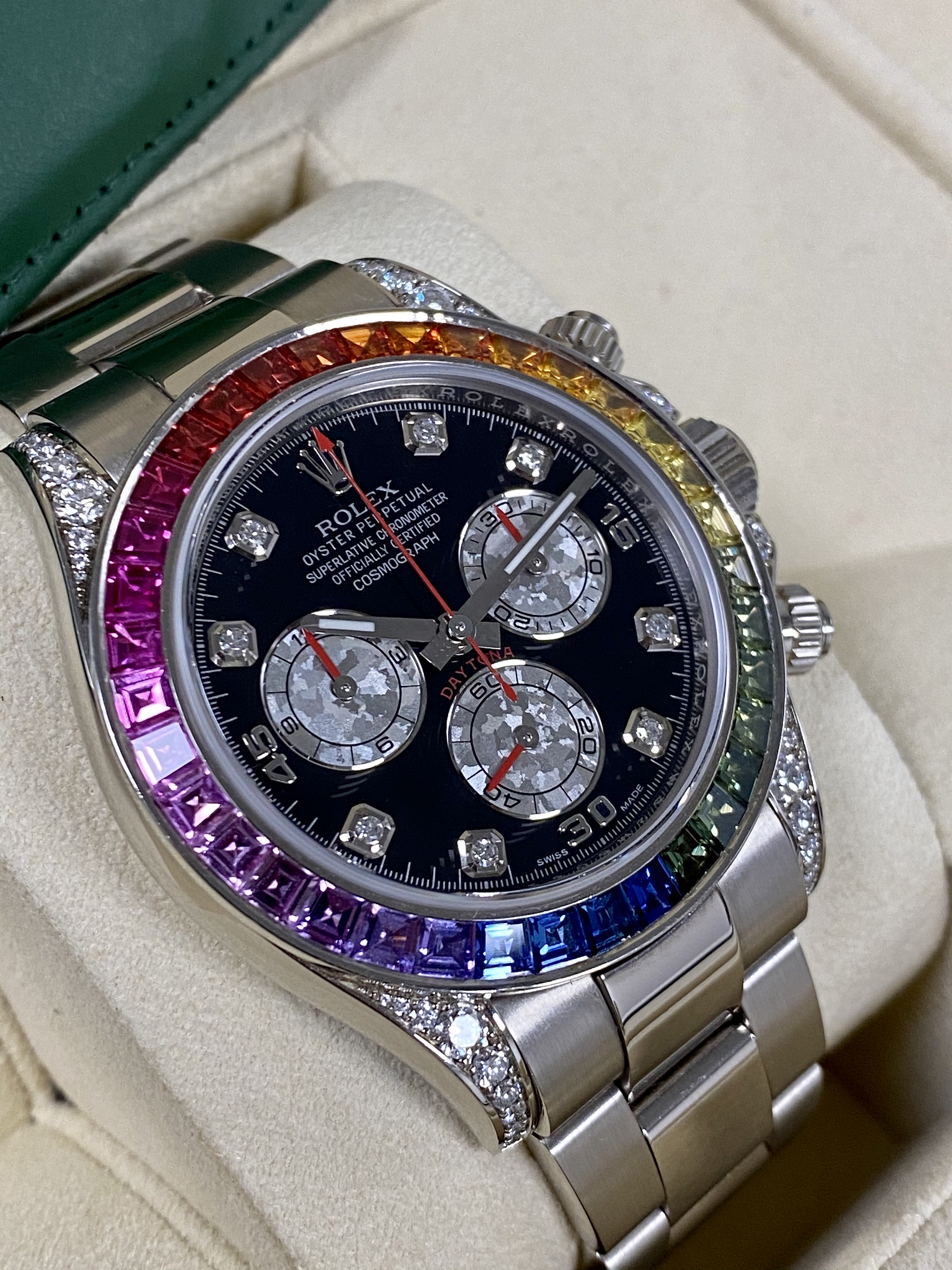 Rolex Daytona Cosmograph Weißgold Regenbogen-Diamanten-Uhr 40 mm 116599RBOW mit Box und Zertifikat
