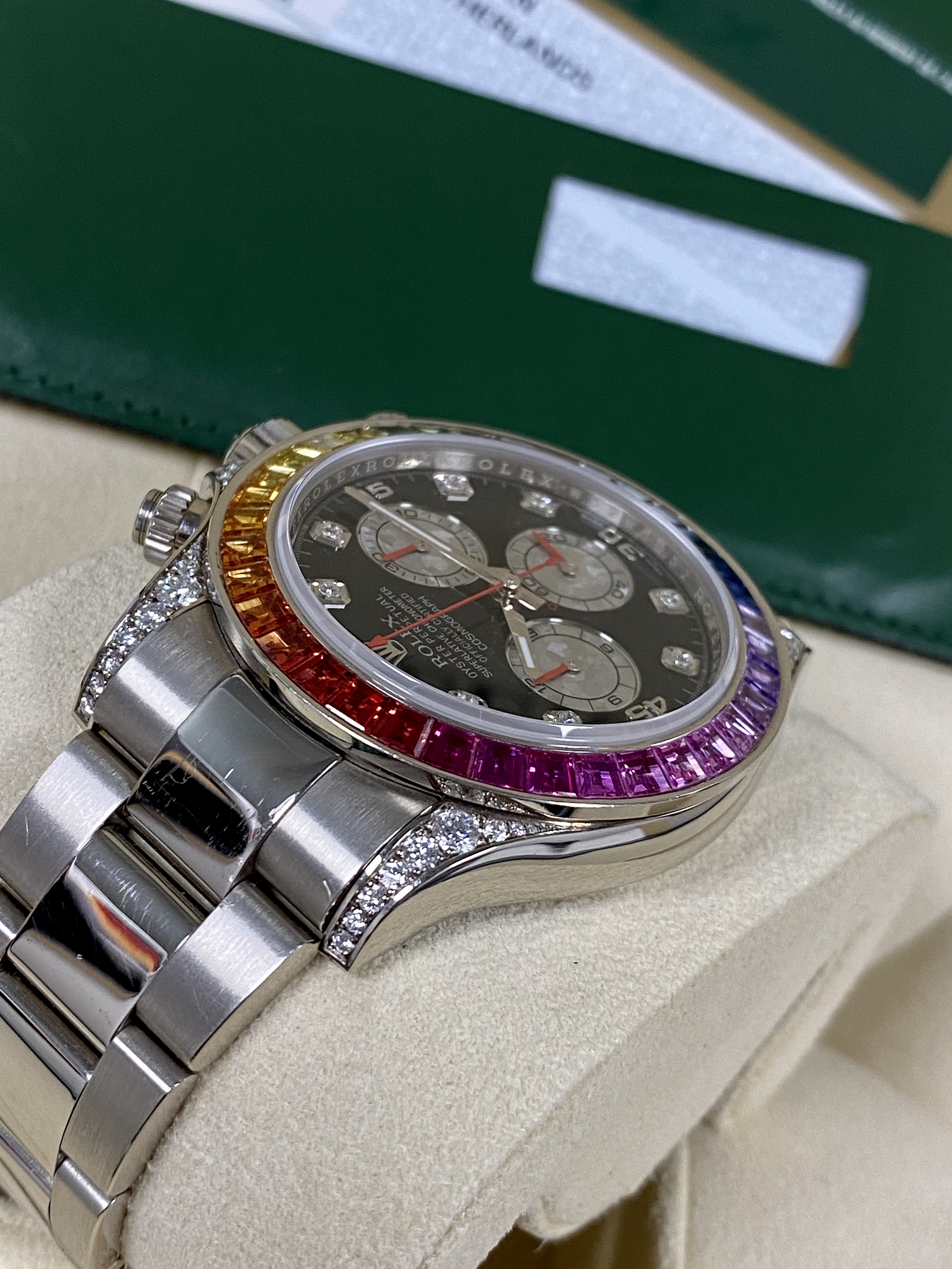 Rolex Daytona Cosmograph Weißgold Regenbogen-Diamanten-Uhr 40 mm 116599RBOW mit Box und Zertifikat
