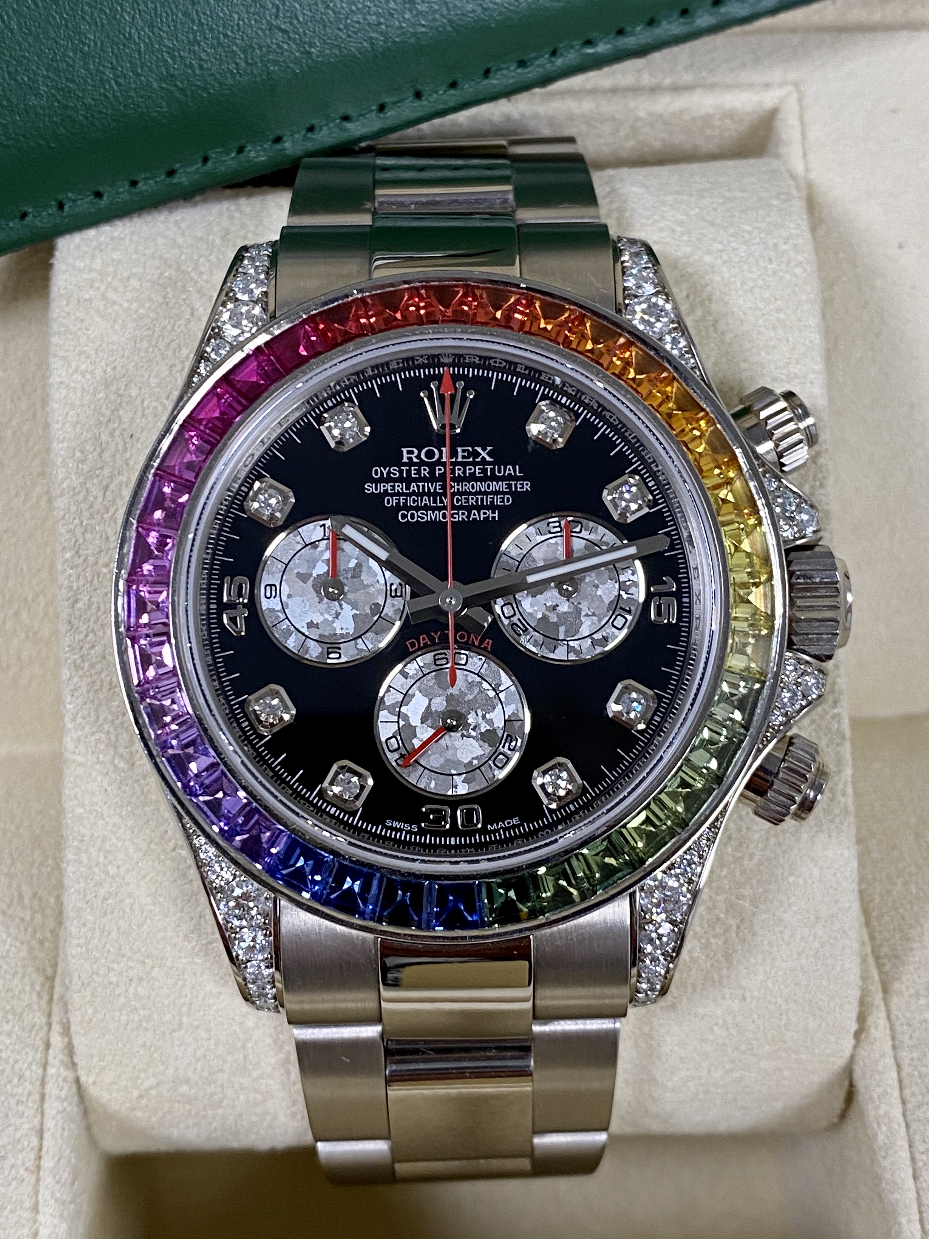 Rolex Daytona Cosmograph Weißgold Regenbogen-Diamanten-Uhr 40 mm 116599RBOW mit Box und Zertifikat