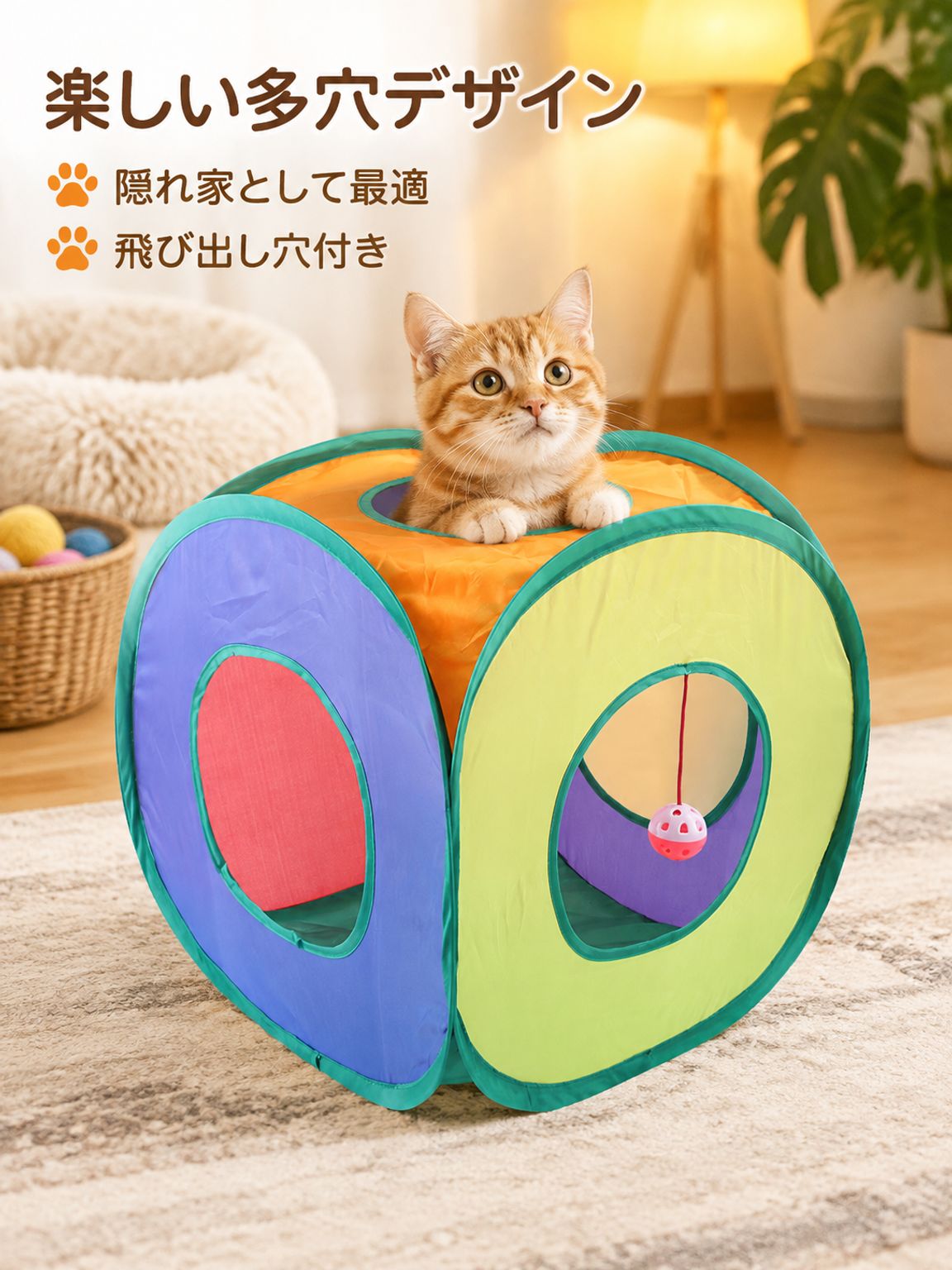 折りたたみ式七色スクエア猫用トンネルおもちゃ