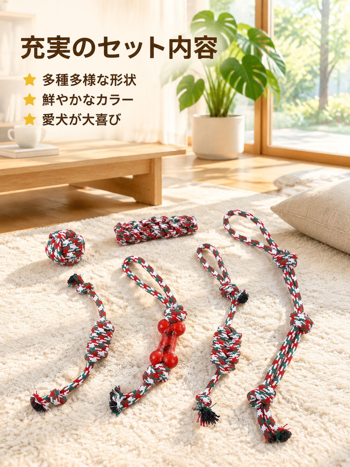 ペット用カラフル綿ロープおもちゃセット