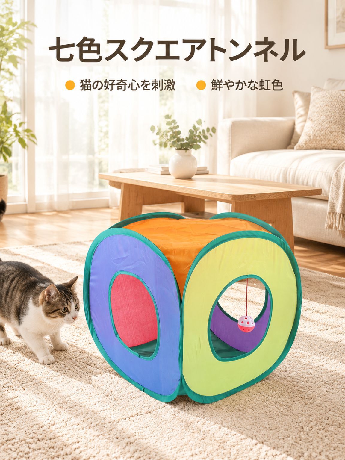 折りたたみ式七色スクエア猫用トンネルおもちゃ