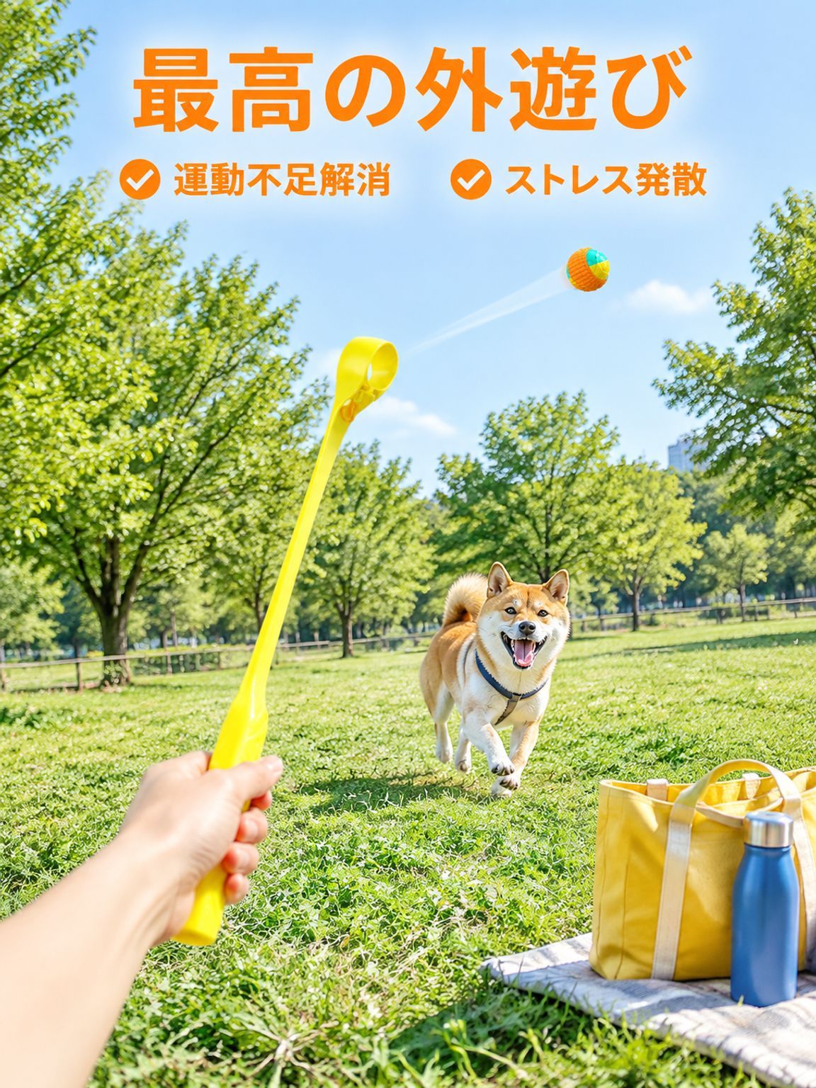 伸縮ロープボール付きペット用投げ棒