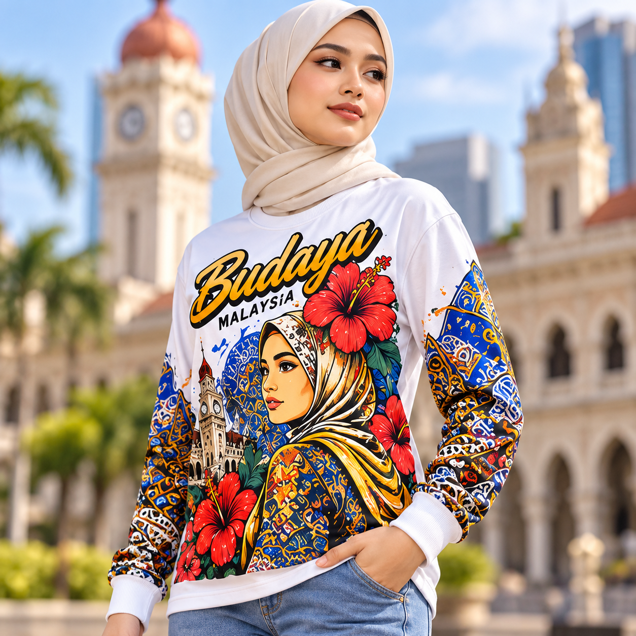 🇲🇾🌺 Baju Lengan Panjang Budaya Malaysia | Rekaan Eksklusif CetakKita | Batik & Bunga Raya