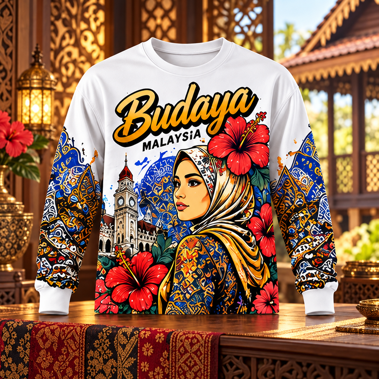🇲🇾🌺 Baju Lengan Panjang Budaya Malaysia | Rekaan Eksklusif CetakKita | Batik & Bunga Raya