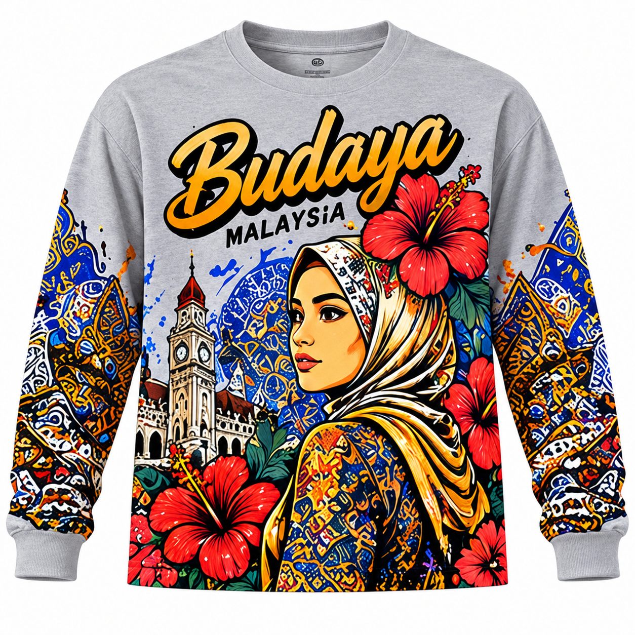 🇲🇾🌺 Baju Lengan Panjang Budaya Malaysia | Rekaan Eksklusif CetakKita | Batik & Bunga Raya