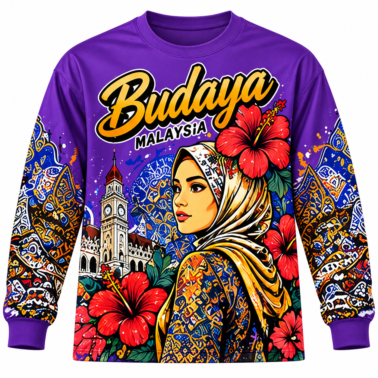 🇲🇾🌺 Baju Lengan Panjang Budaya Malaysia | Rekaan Eksklusif CetakKita | Batik & Bunga Raya