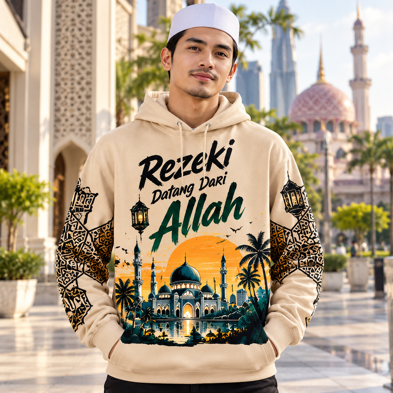 🌙🕌 Hoodie Rezeki Datang Dari Allah | Rekaan Eksklusif CetakKita | Edisi Senja & Seni Islam
